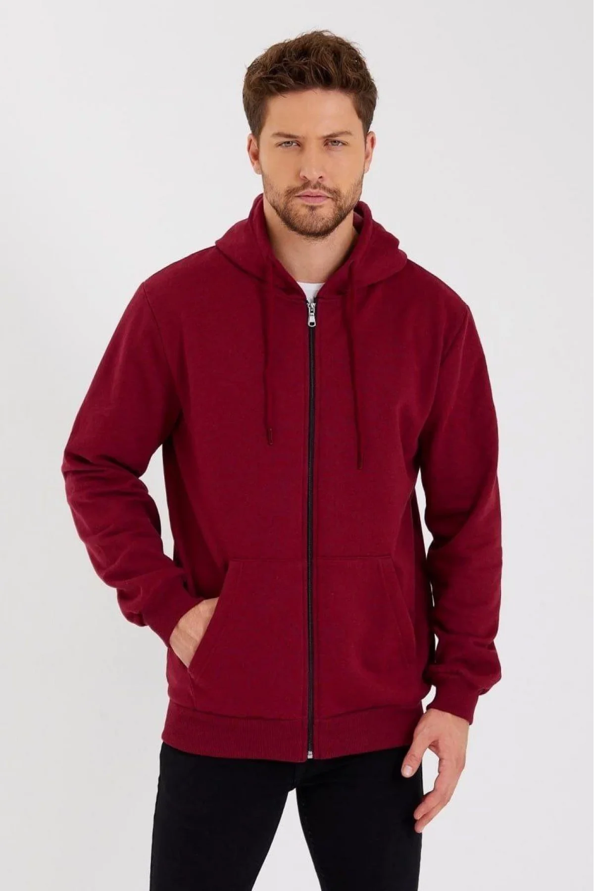 Erkek 3 İplik Pamuklu Tam Fermuarlı Kapüşonlu Kanguru Cepli Düz Hoodie Sweatshirt - Bordo