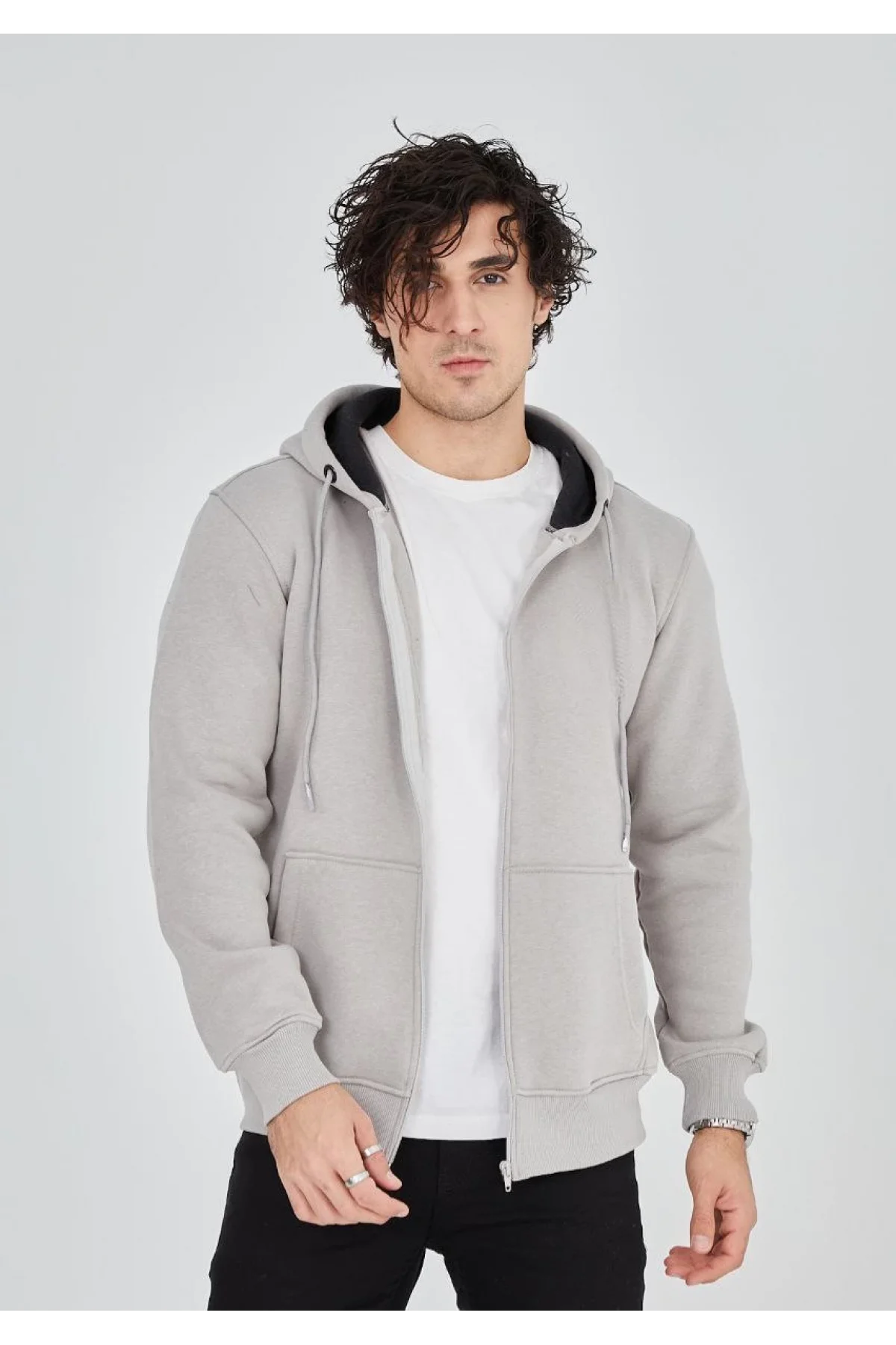 Unisex Tam Fermuarlı Kapşonlu  SweatShirt - Boyalı Gri