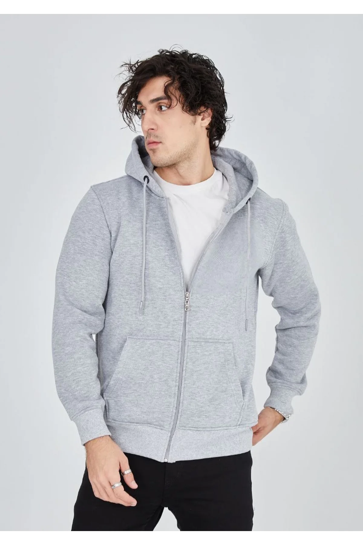 Unisex Tam Fermuarlı Kapşonlu  SweatShirt - Gri