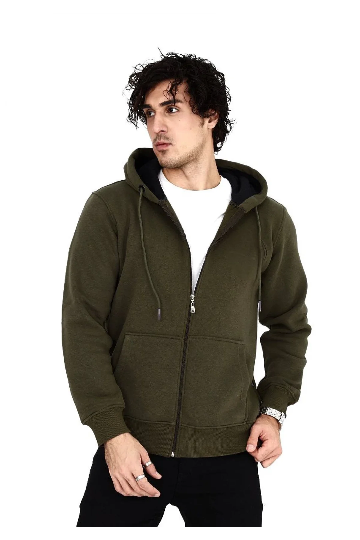 Erkek 3 İplik Pamuklu Kapüşonlu Tam Fermuarlı Cepli Hoodie Sweatshirt - Haki
