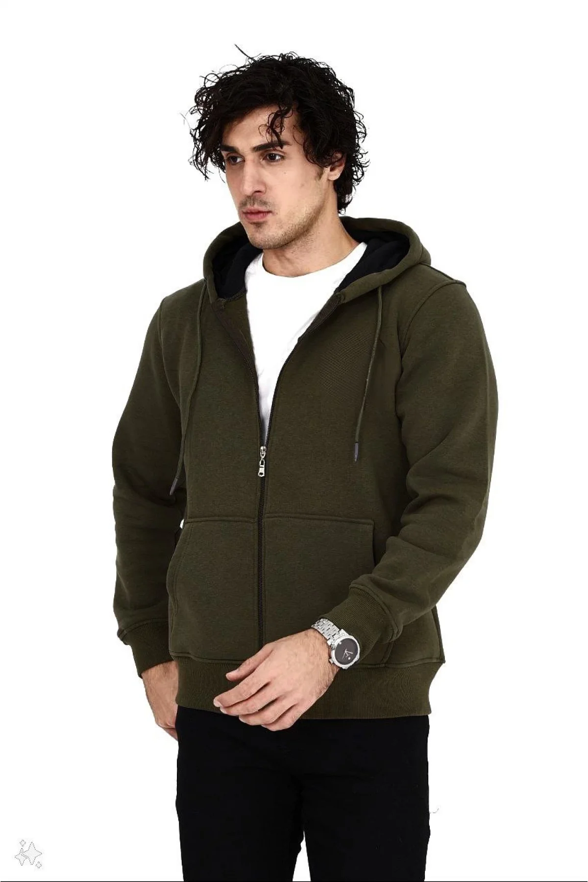 Erkek 3 İplik Pamuklu Kapüşonlu Tam Fermuarlı Cepli Hoodie Sweatshirt - Haki