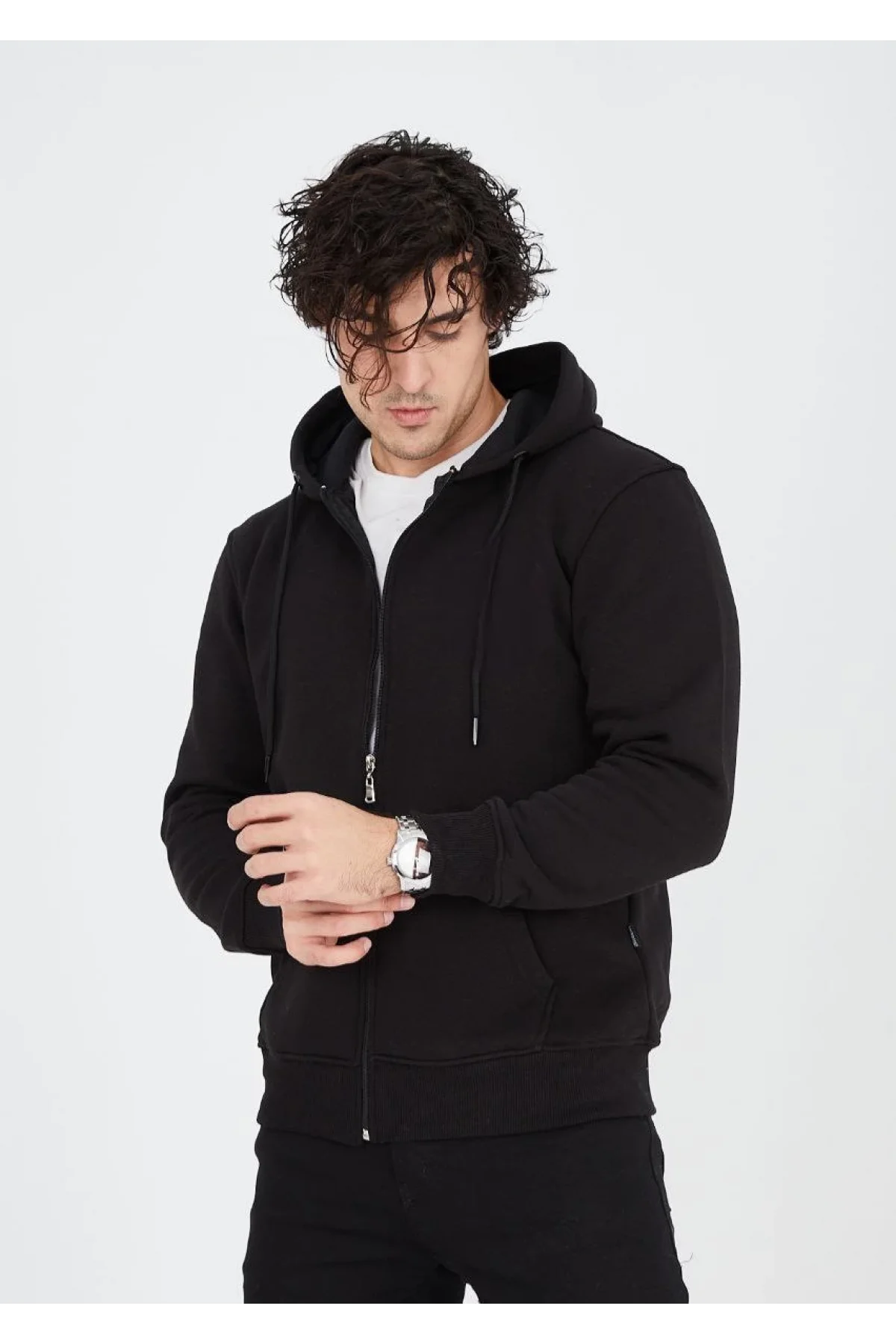 Unisex Tam Fermuarlı Kapşonlu  SweatShirt - Siyah