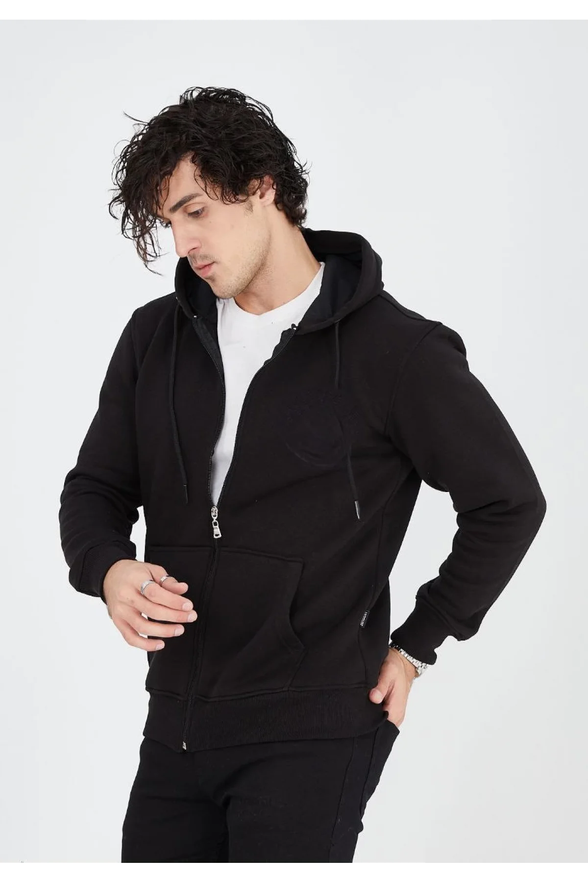 Unisex Tam Fermuarlı Kapşonlu  SweatShirt - Siyah