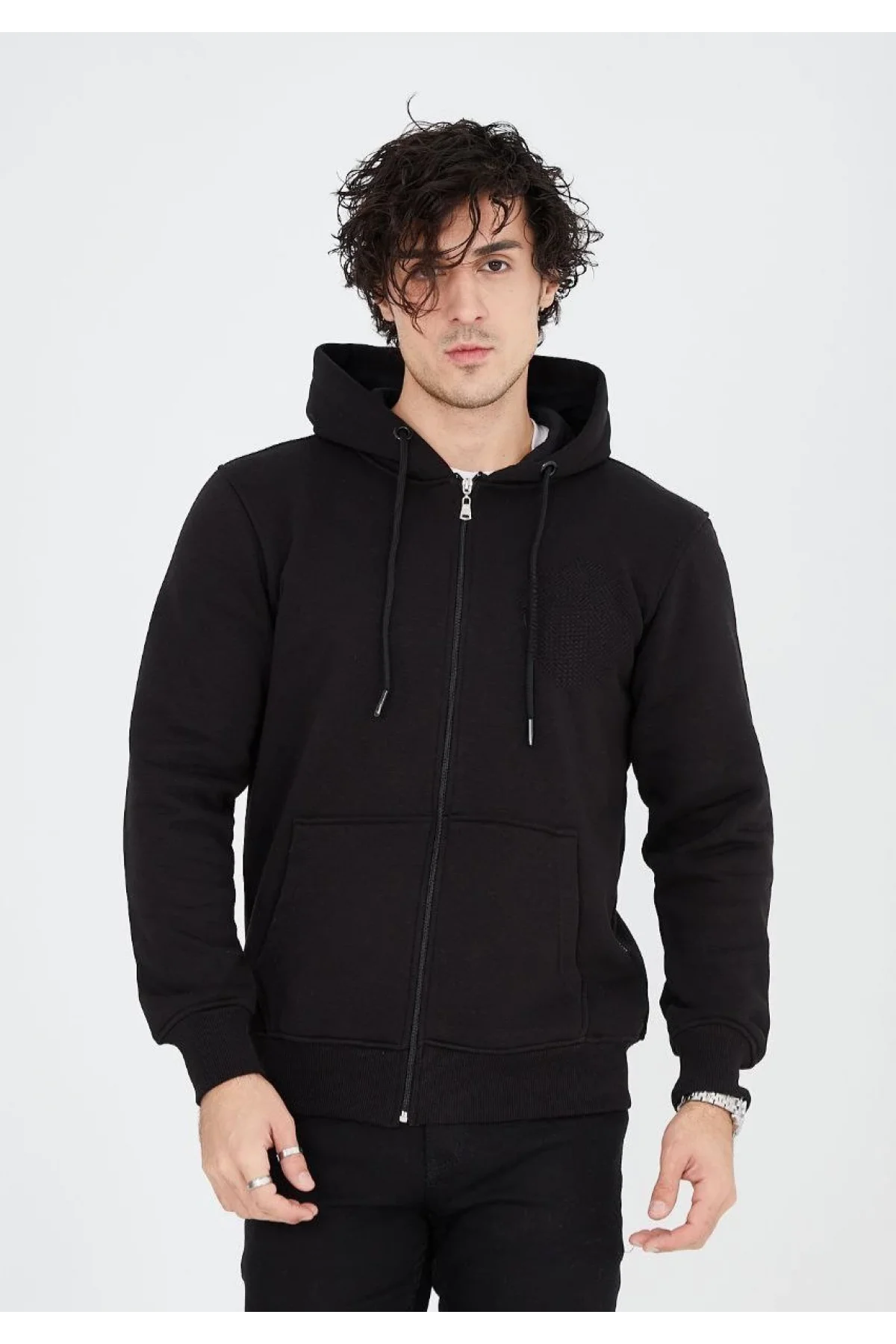 Unisex Tam Fermuarlı Kapşonlu  SweatShirt - Siyah