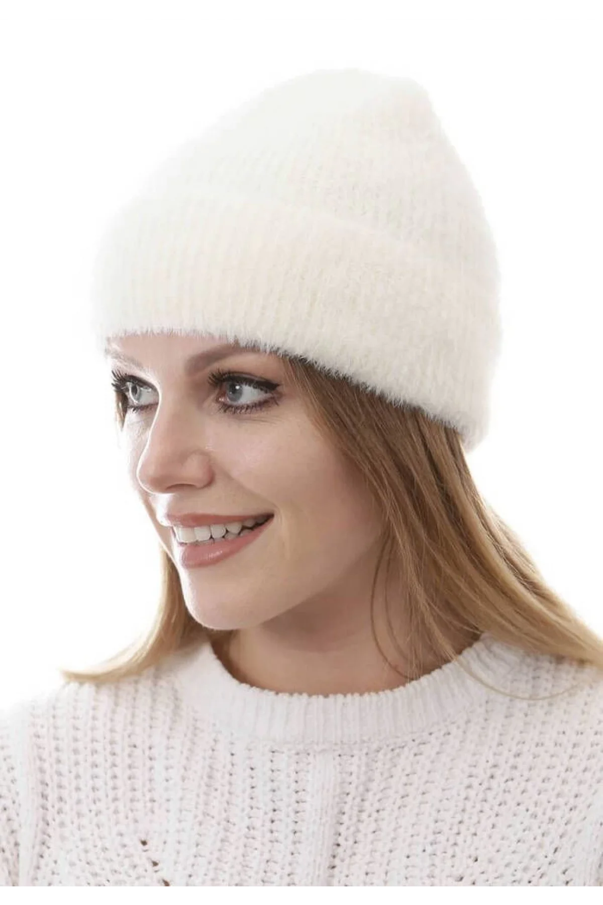 Unisex Tam Kalıp İnce Sakallı Triko Bere - Beyaz