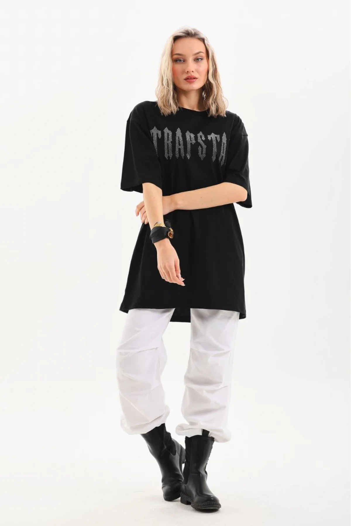 Unisex Taş Desenli Oversize T-Shirt - Siyah