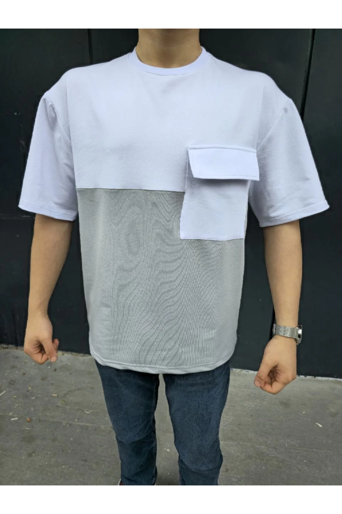 Unisex Torba Cep Detaylı Parçalı T-Shirt - Gri