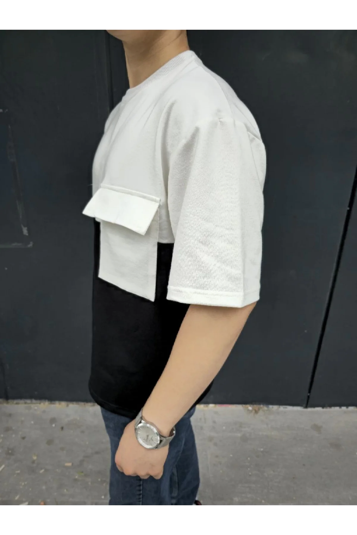 Unisex Torba Cep Detaylı Parçalı T-Shirt - Siyah