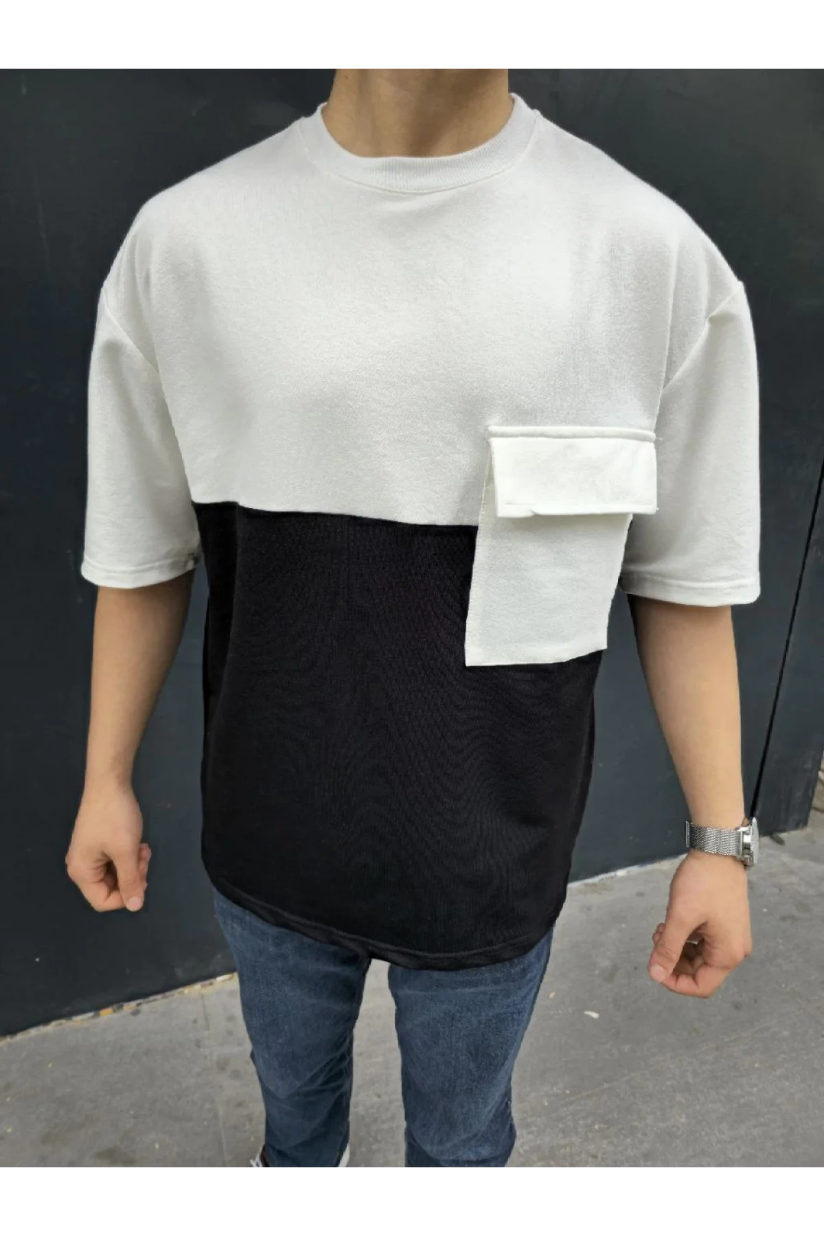 Unisex Torba Cep Detaylı Parçalı T-Shirt - Siyah