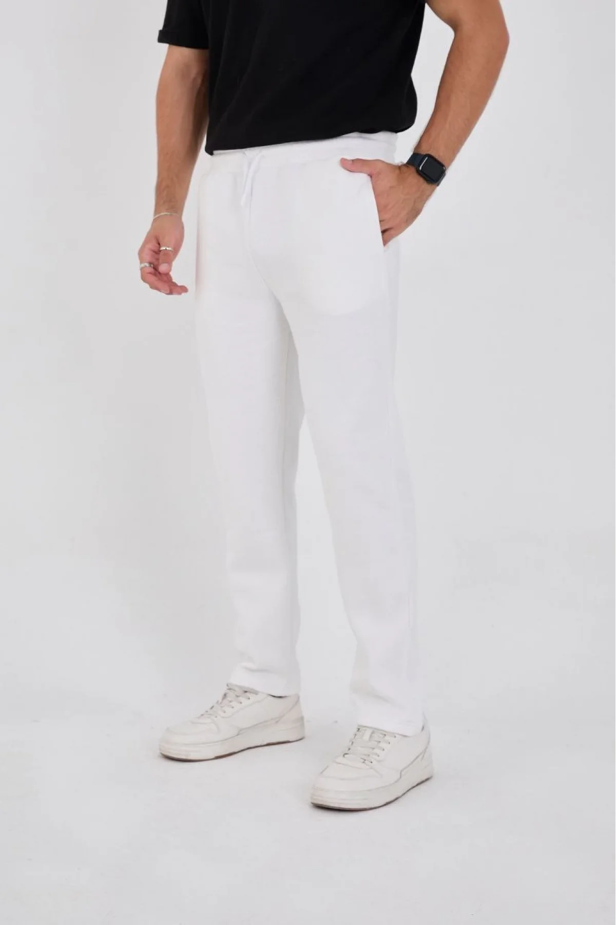 Erkek Üç İplik Basic Eşofman Pantolon - Beyaz