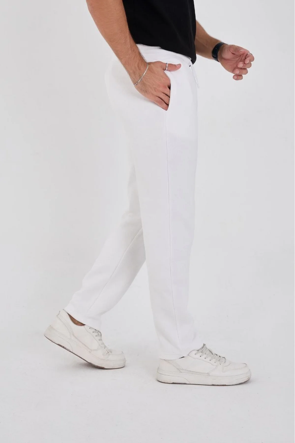 Erkek Üç İplik Basic Eşofman Pantolon - Beyaz