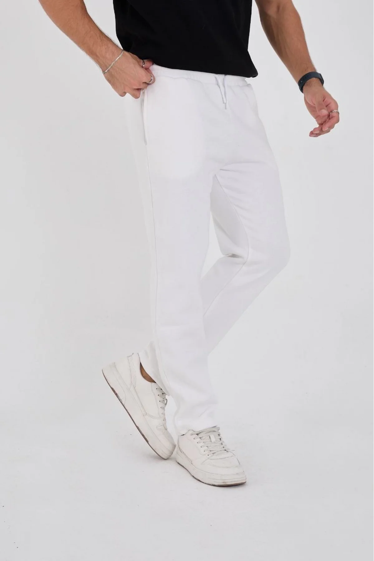 Erkek Üç İplik Basic Eşofman Pantolon - Beyaz