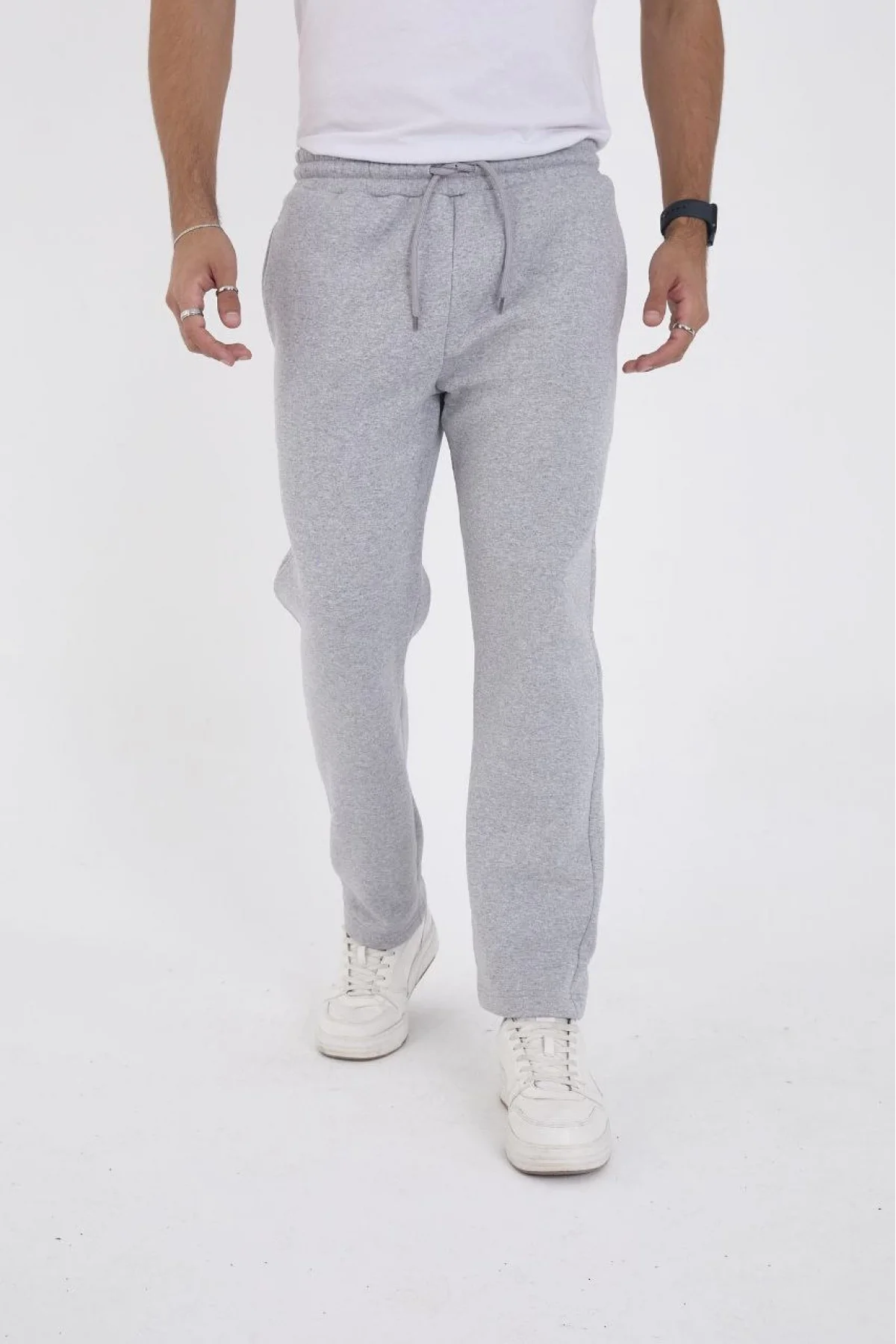 Erkek Üç İplik Basic Eşofman Boru Paça İpli Pantolon - Gri
