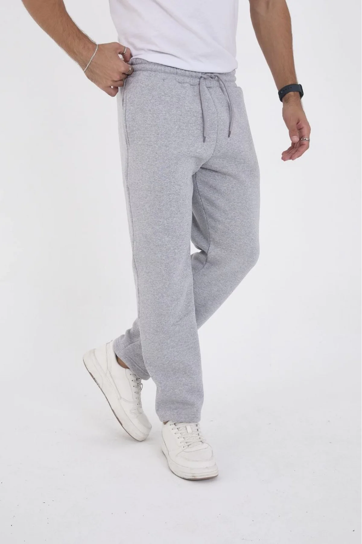 Erkek Üç İplik Basic Eşofman Boru Paça İpli Pantolon - Gri