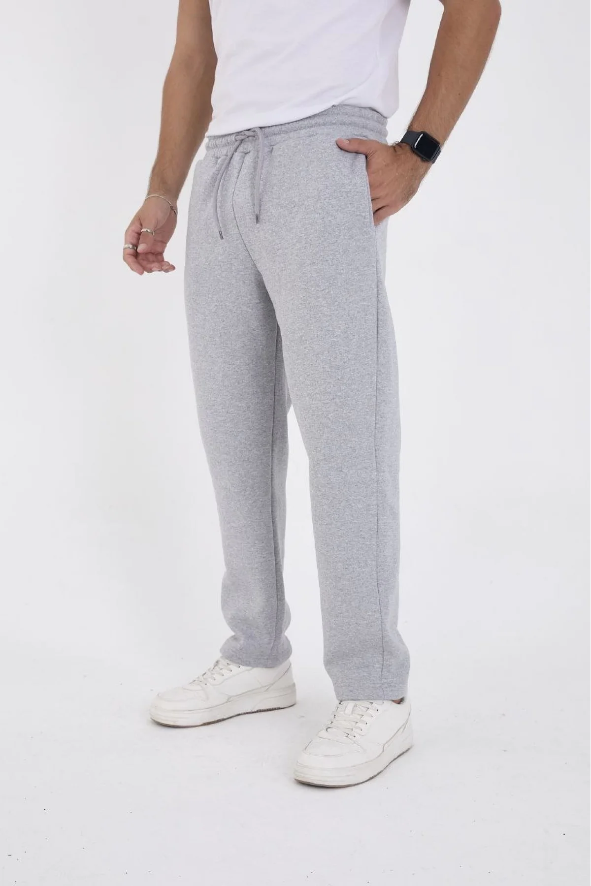 Erkek Üç İplik Basic Eşofman Boru Paça İpli Pantolon - Gri