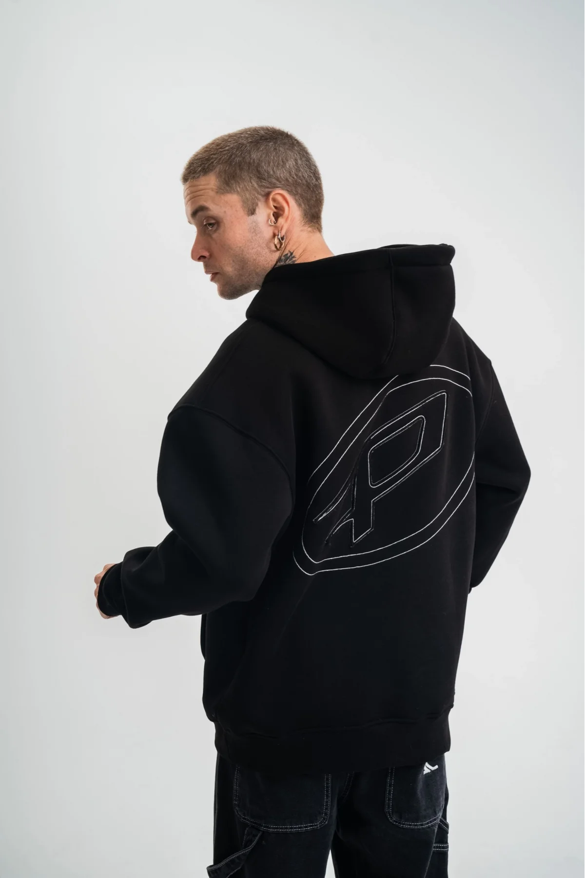 Unisex Üç İplik Kapşonlu Nakışlı SweatShirt - Siyah