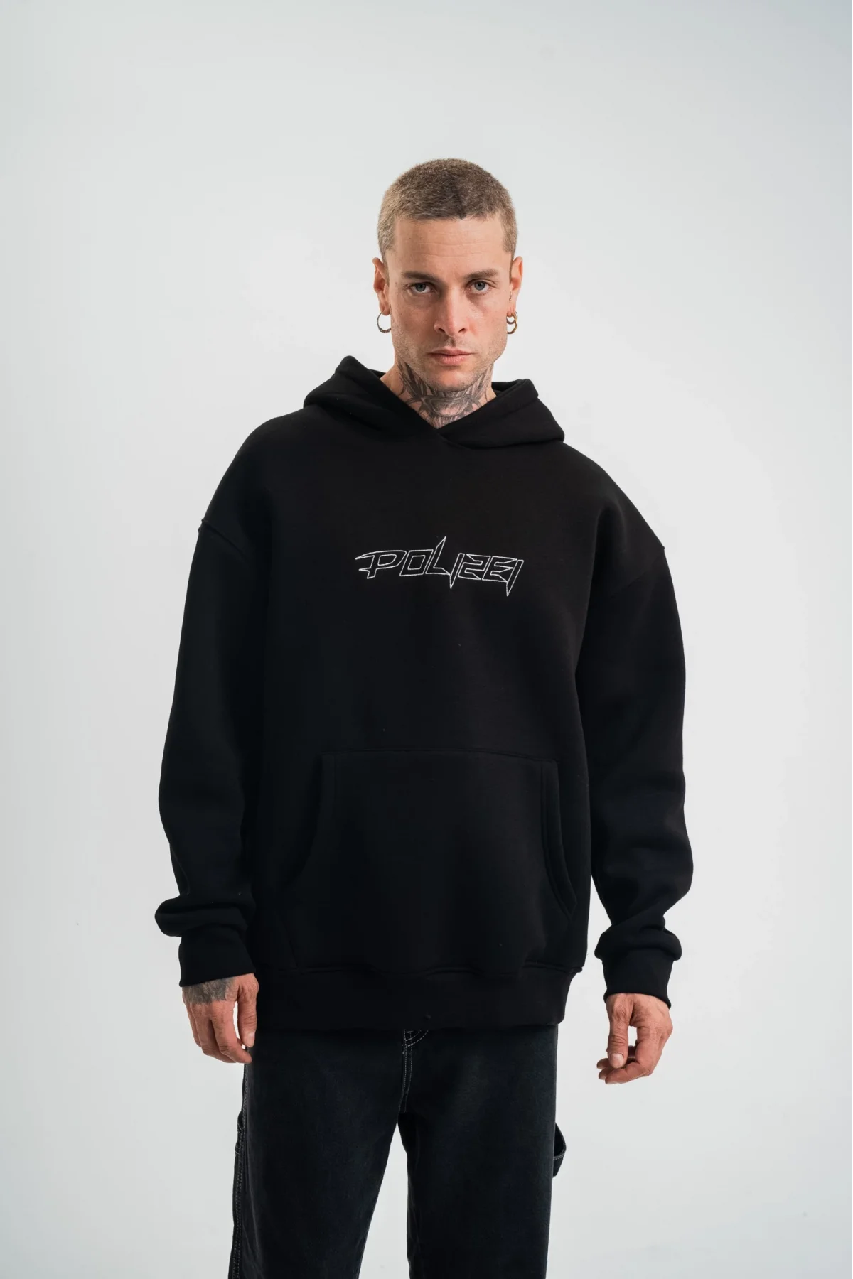 Unisex Üç İplik Kapşonlu Nakışlı SweatShirt - Siyah