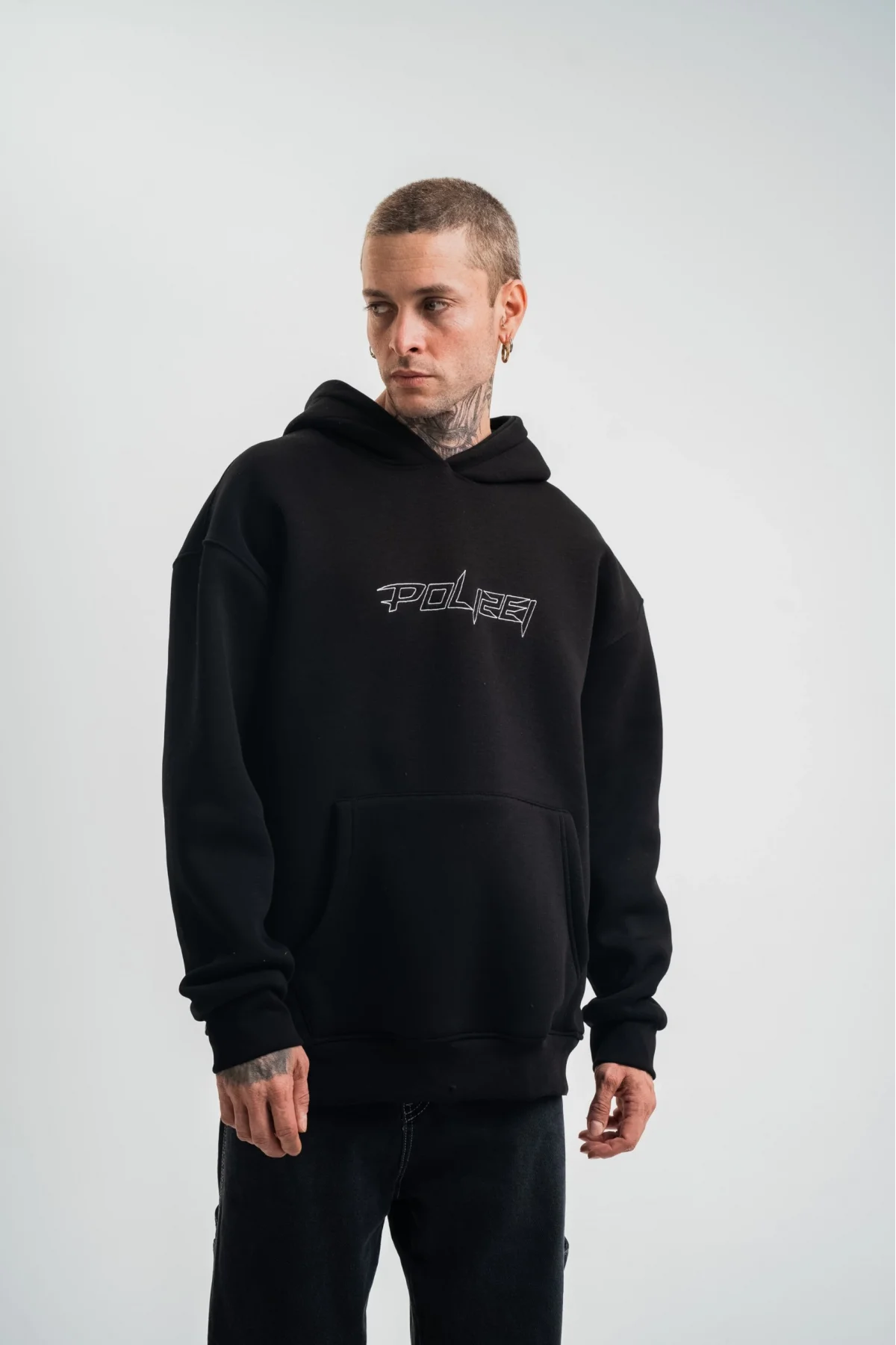 Unisex Üç İplik Kapşonlu Nakışlı SweatShirt - Siyah