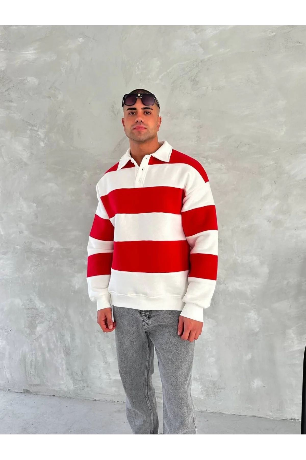 Unisex Üç İplik Parçalı Yakalı SweatShirt - Kırmızı