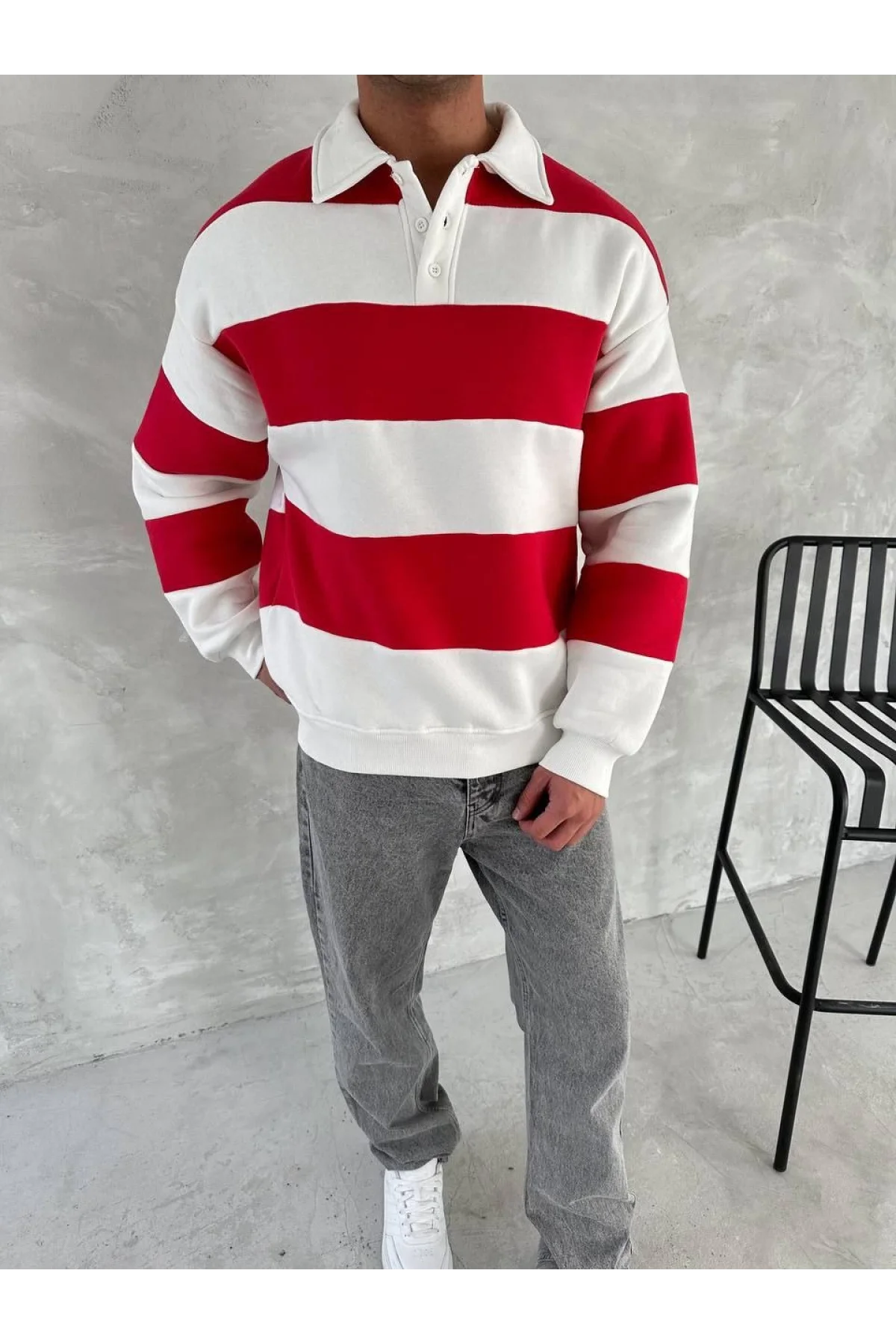 Unisex Üç İplik Parçalı Yakalı SweatShirt - Kırmızı