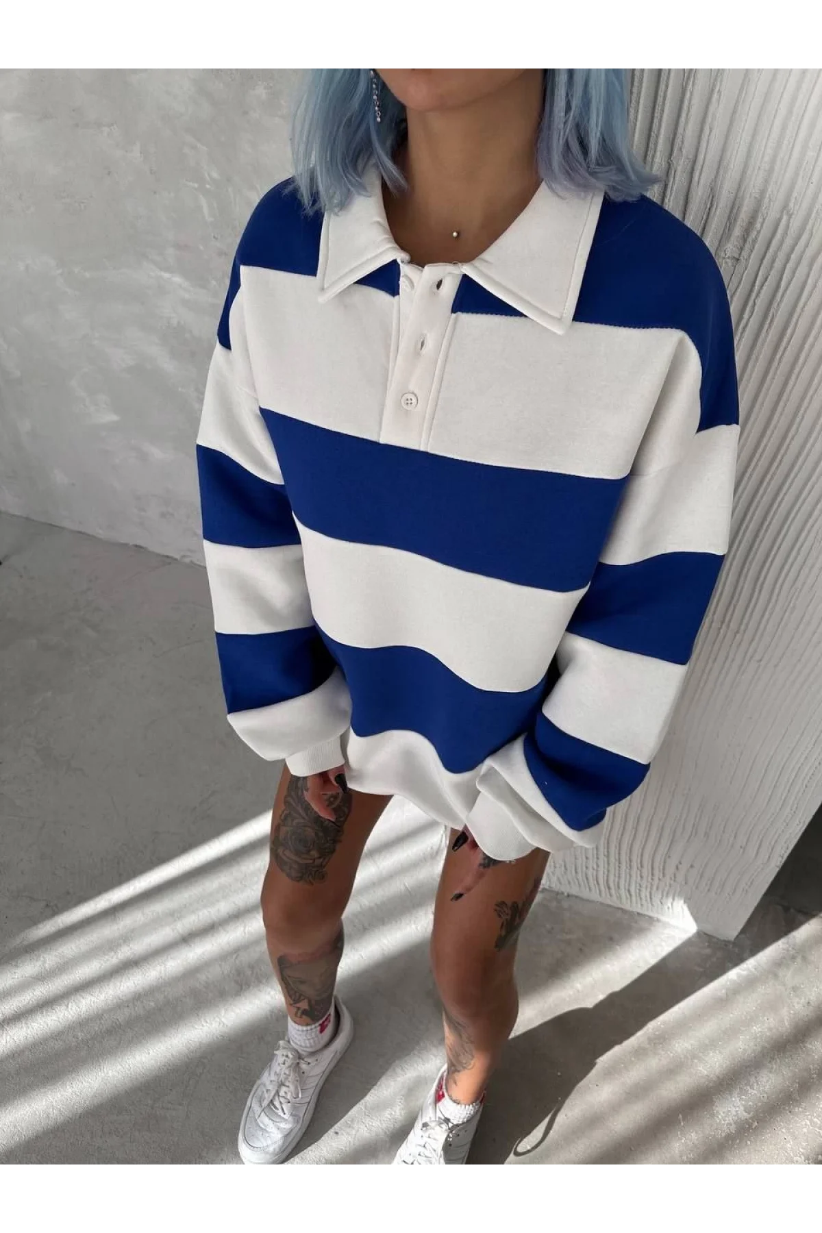 Unisex Üç İplik Parçalı Yakalı SweatShirt - Mavi