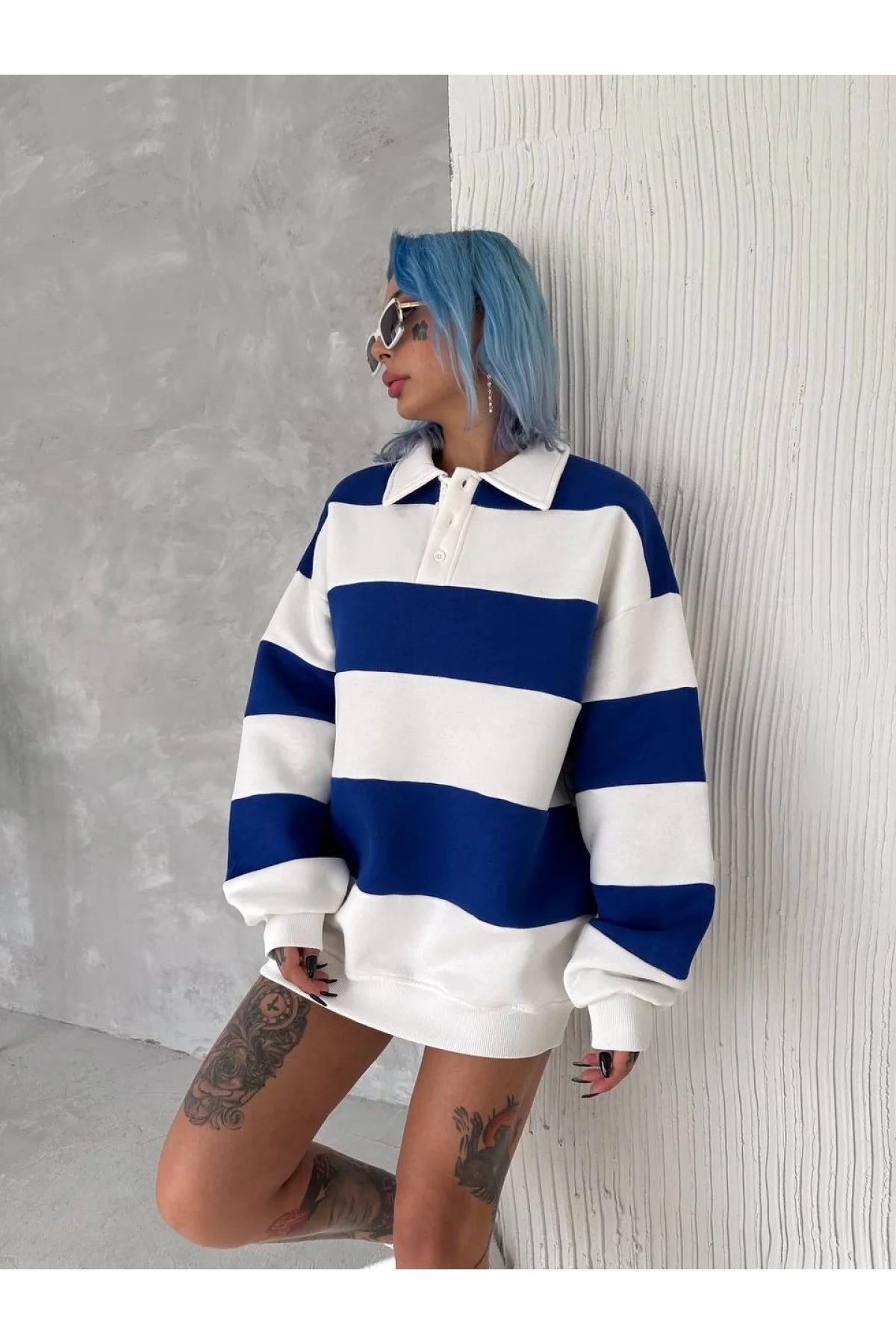 Unisex Üç İplik Parçalı Yakalı SweatShirt - Mavi