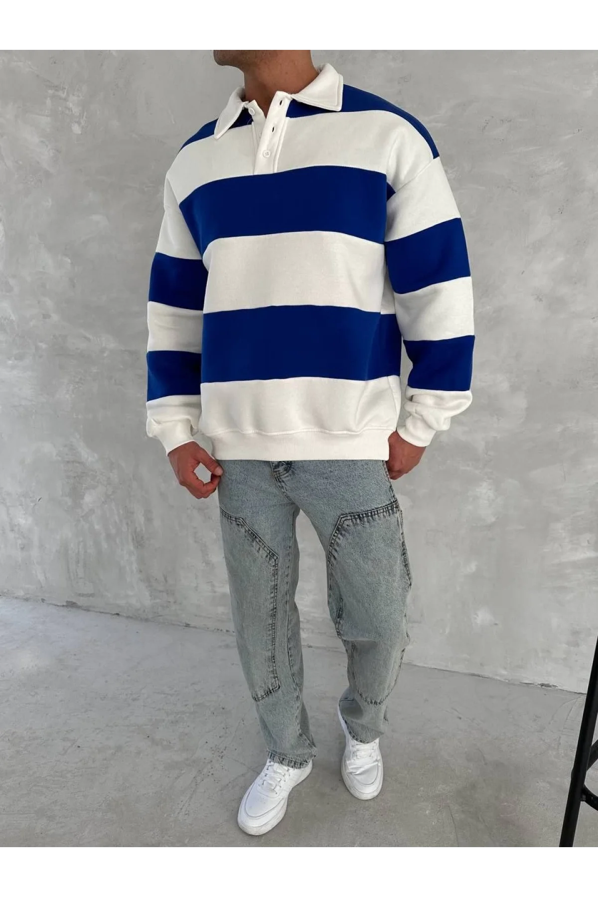 Unisex Üç İplik Parçalı Yakalı SweatShirt - Mavi