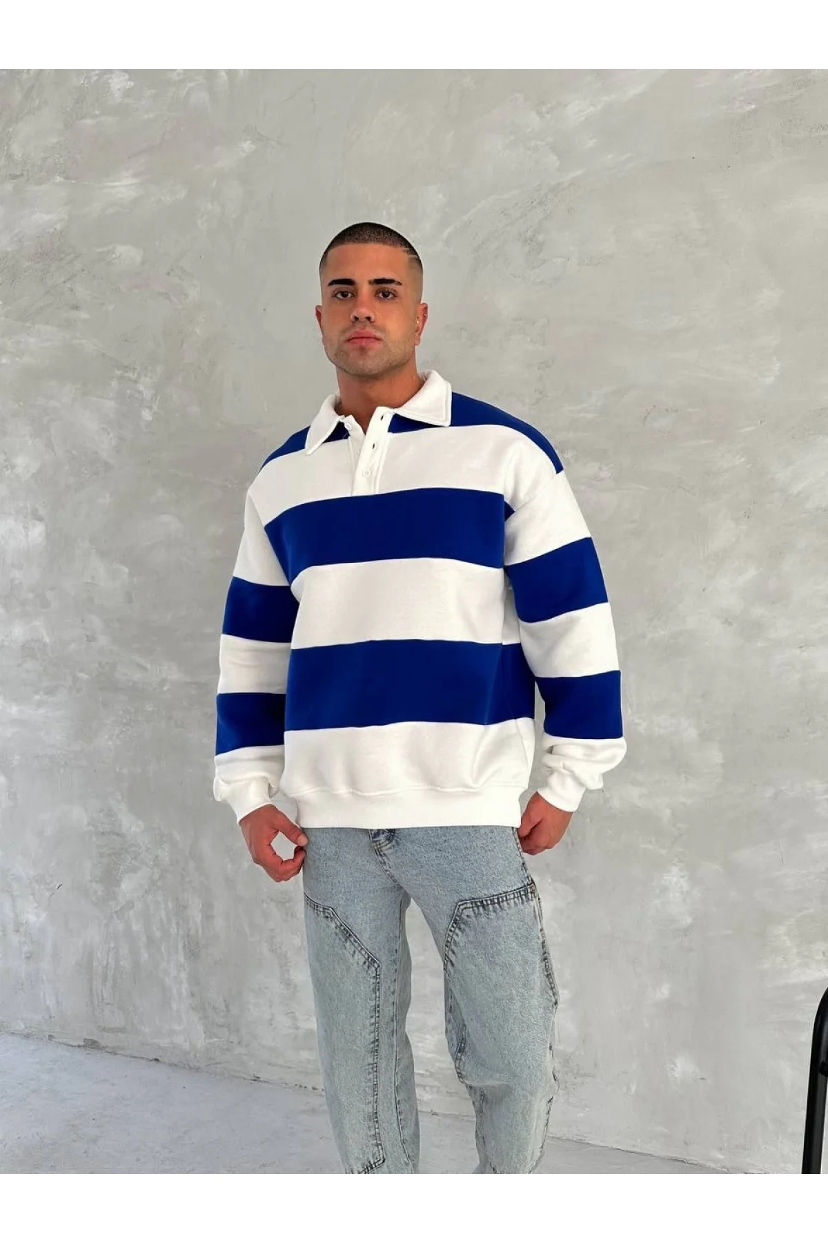 Unisex Üç İplik Parçalı Yakalı SweatShirt - Mavi