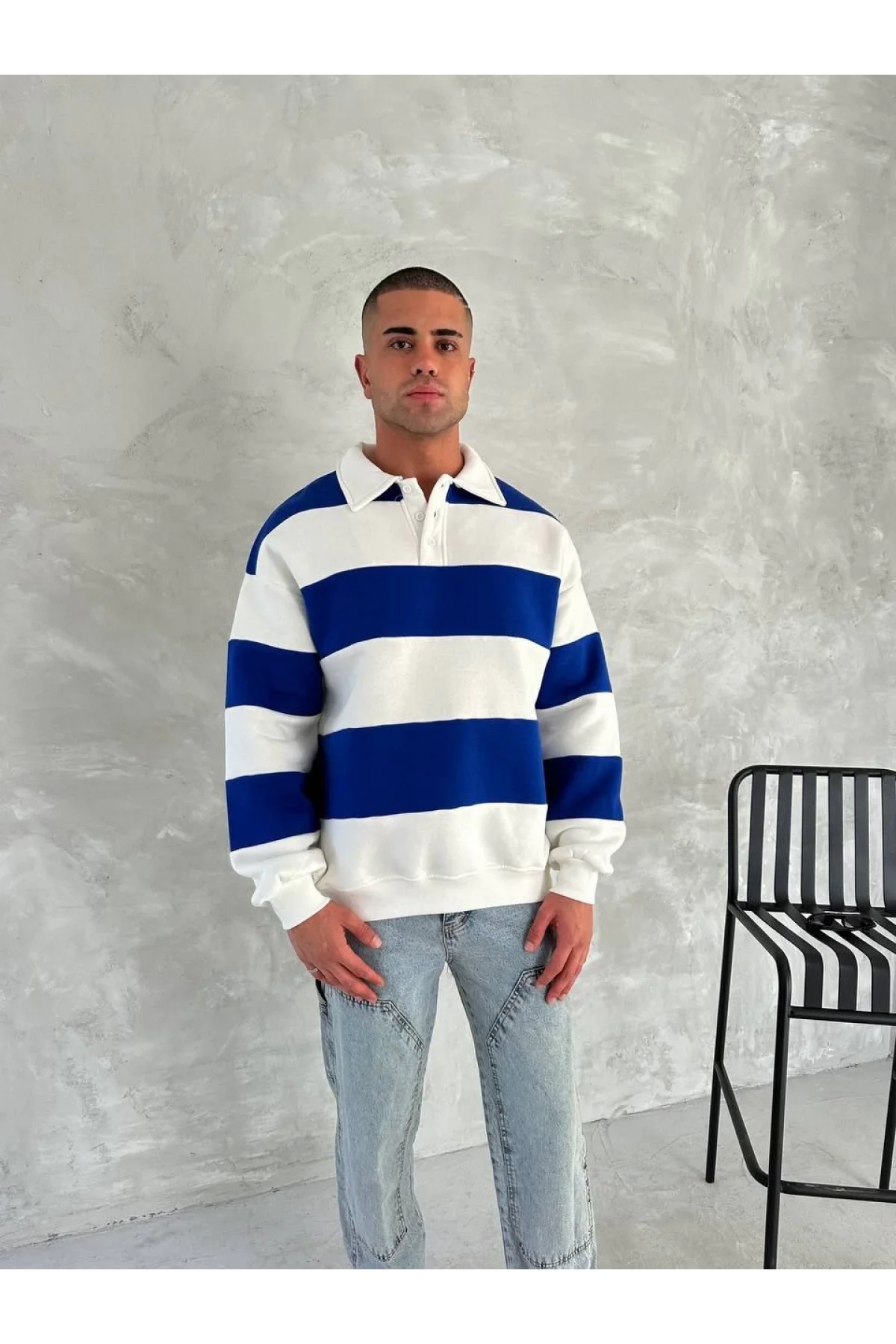 Unisex Üç İplik Parçalı Yakalı SweatShirt - Mavi