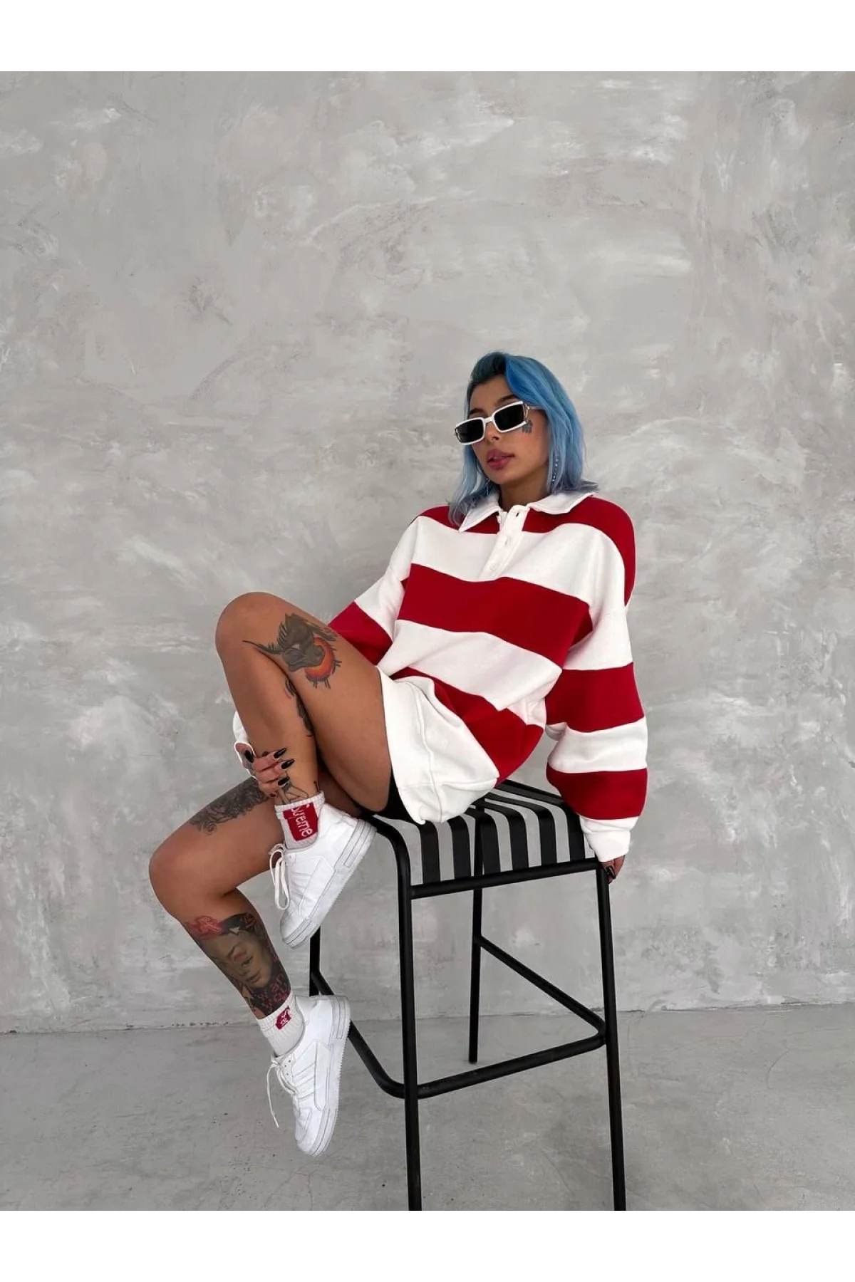 Unisex Üç İplik Parçalı Yakalı SweatShirt - Kırmızı