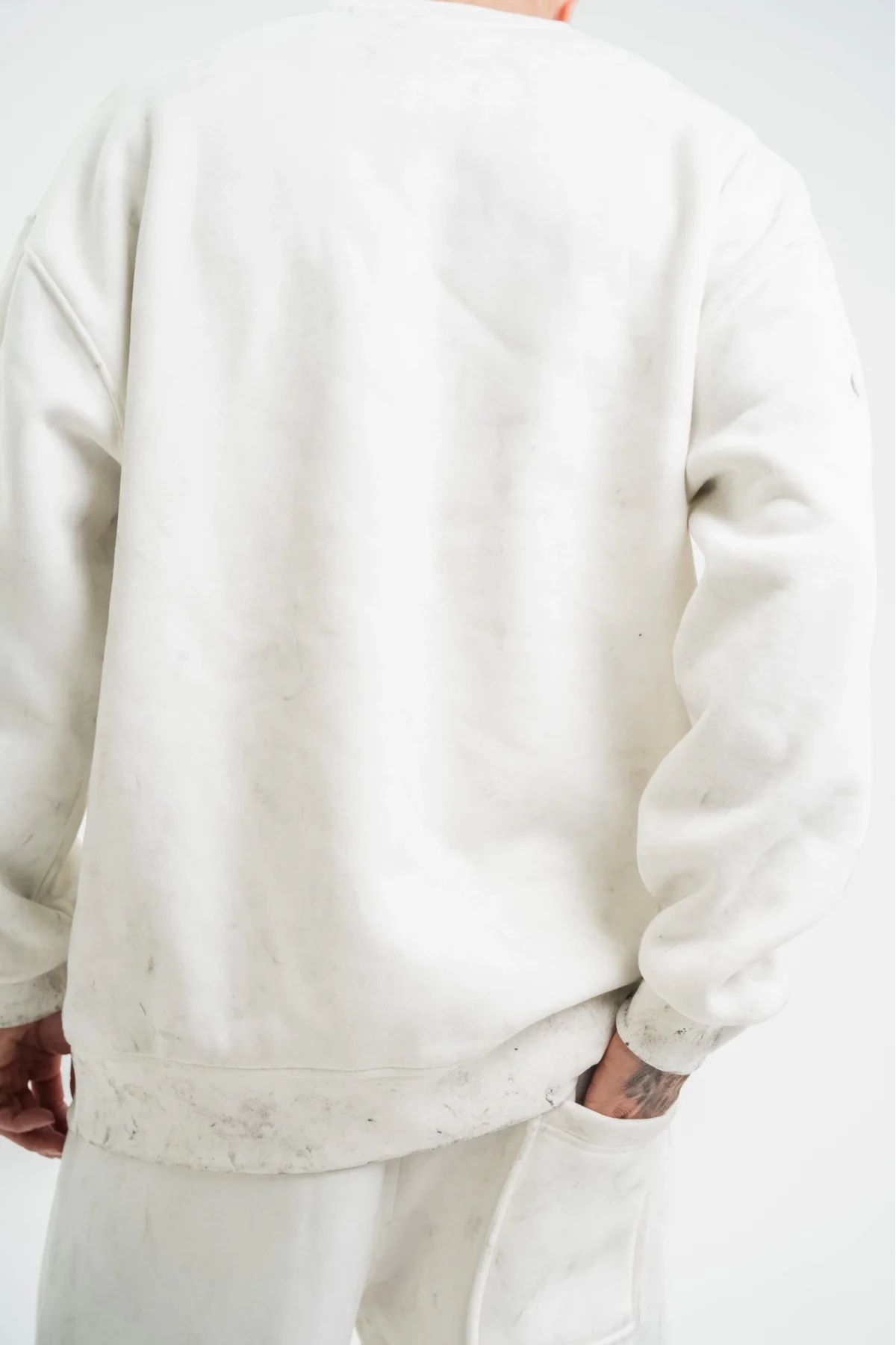 Unisex Uzun Kol Bisiklet Yaka Yıkamalı SweatShirt - Beyaz