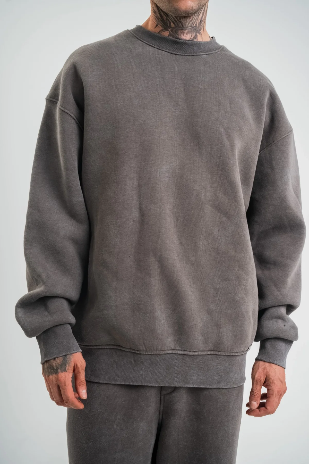 Unisex Uzun Kol Bisiklet Yaka Yıkamalı SweatShirt - Füme