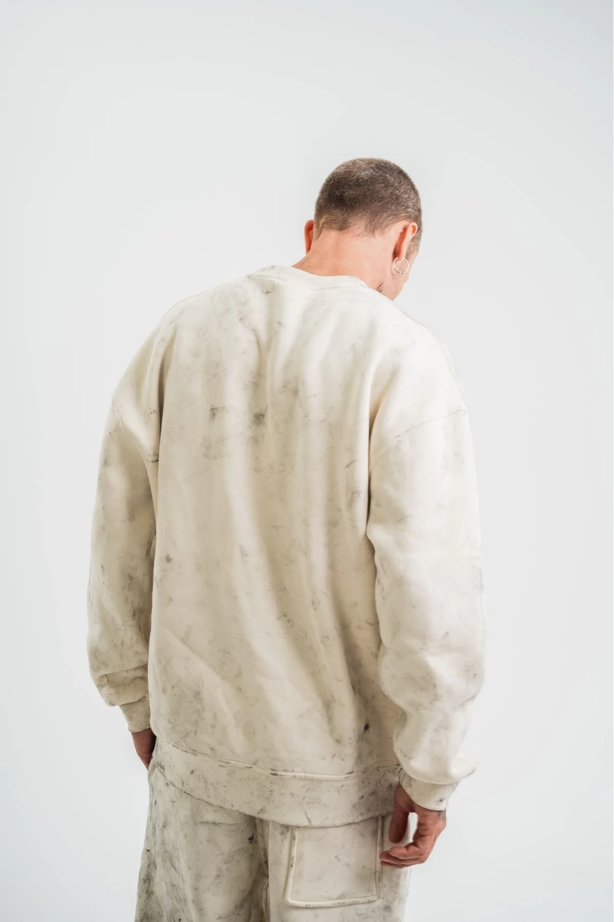 Erkek 3 İplik Pamuklu Yağ Yıkamalı Sweatshirt Double Oversize Bisiklet Yaka Uzun Kol - Krem