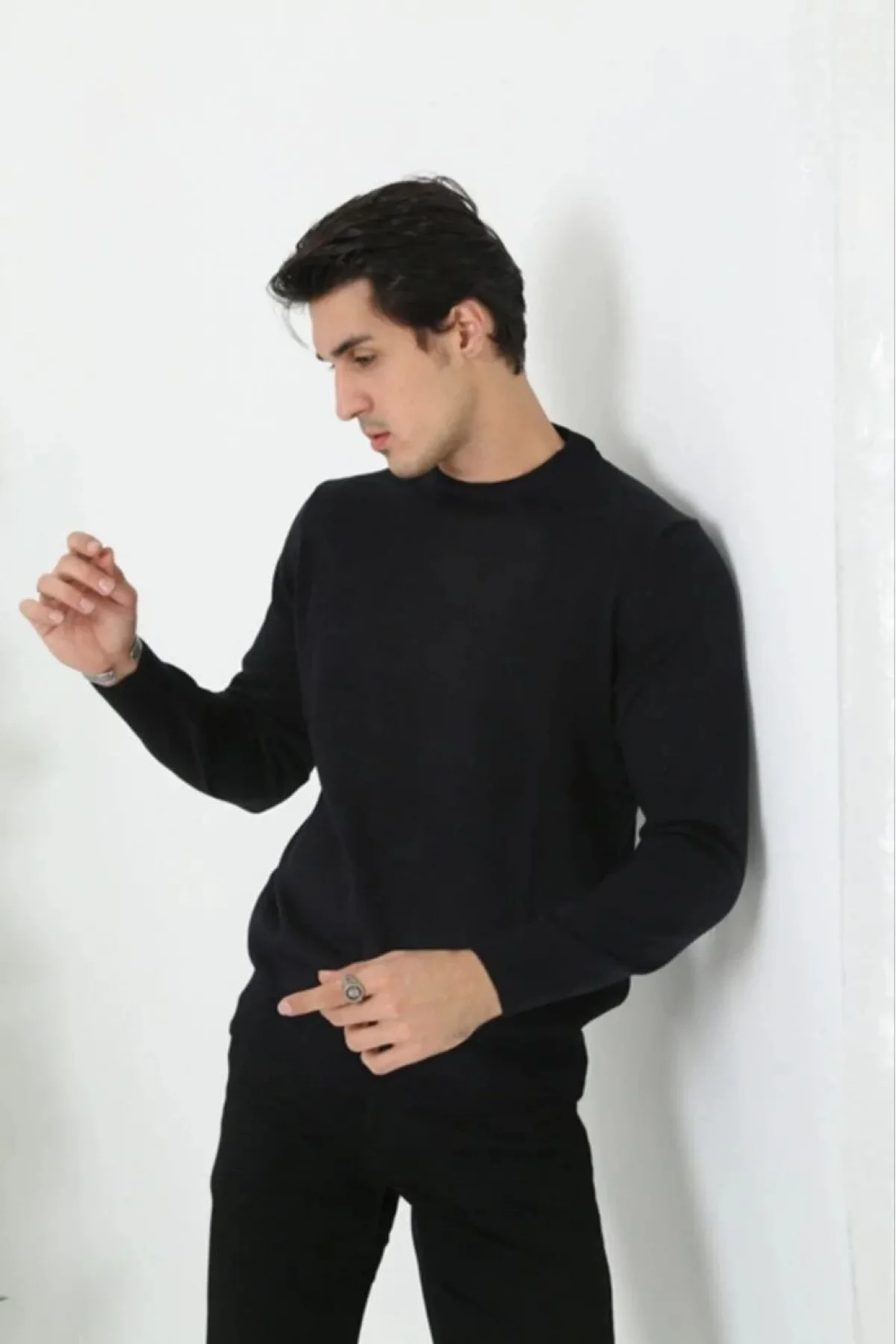 Erkek Bisiklet yaka Kazak Uzun Kol Dokuma Triko - Siyah