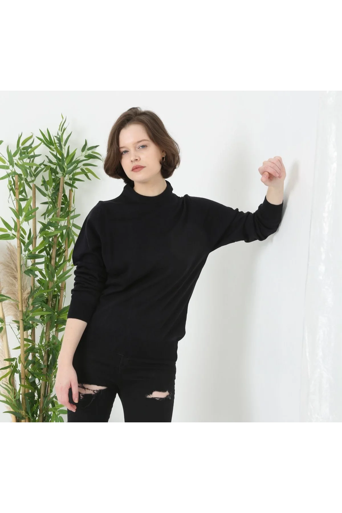 Unisex Uzun Kol Biskilet Yaka Dokuma Triko - Siyah