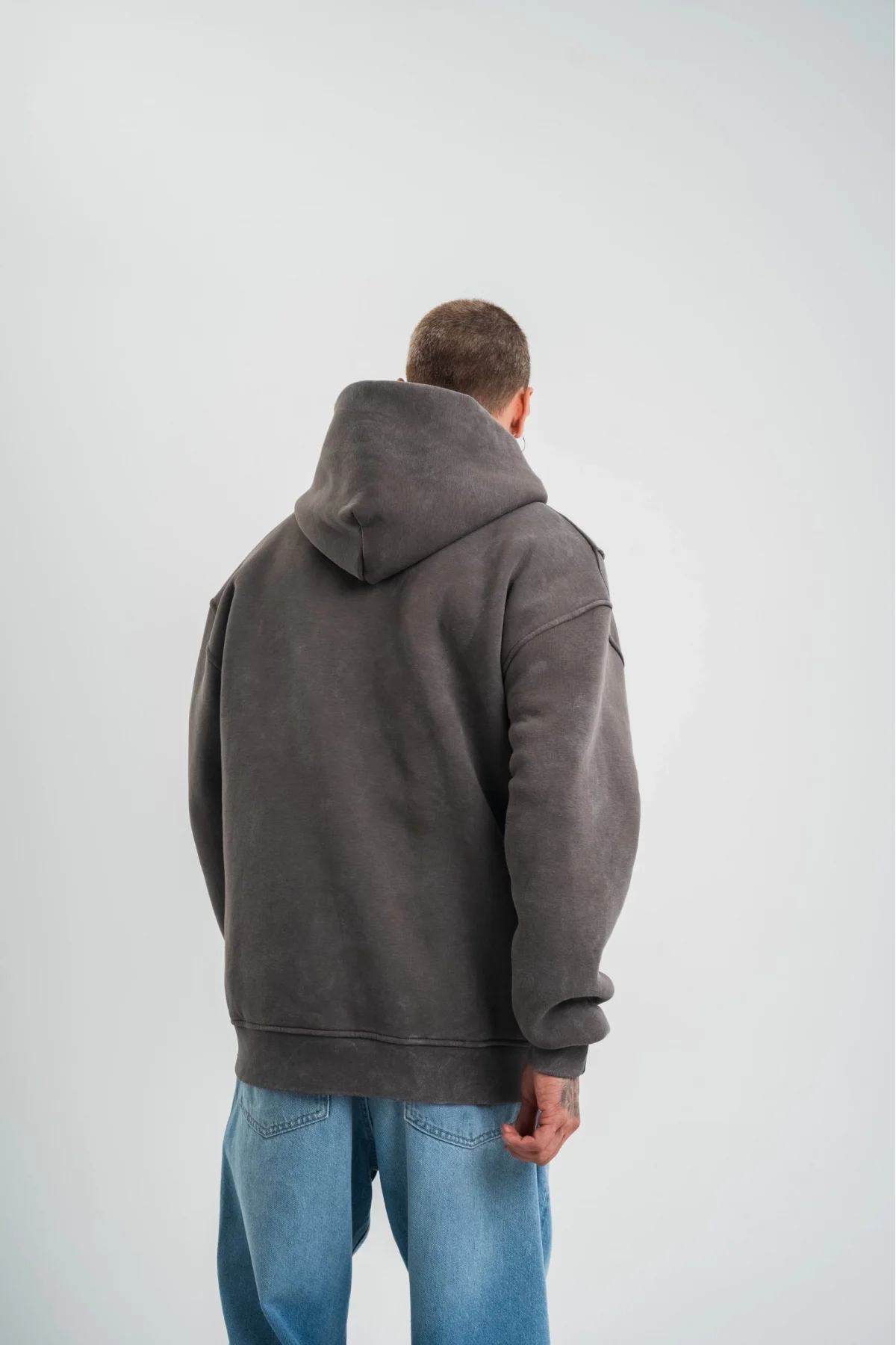 Unisex Uzun Kol Kapşonlu Yıkamalı Nakışlı SweatShirt - Füme