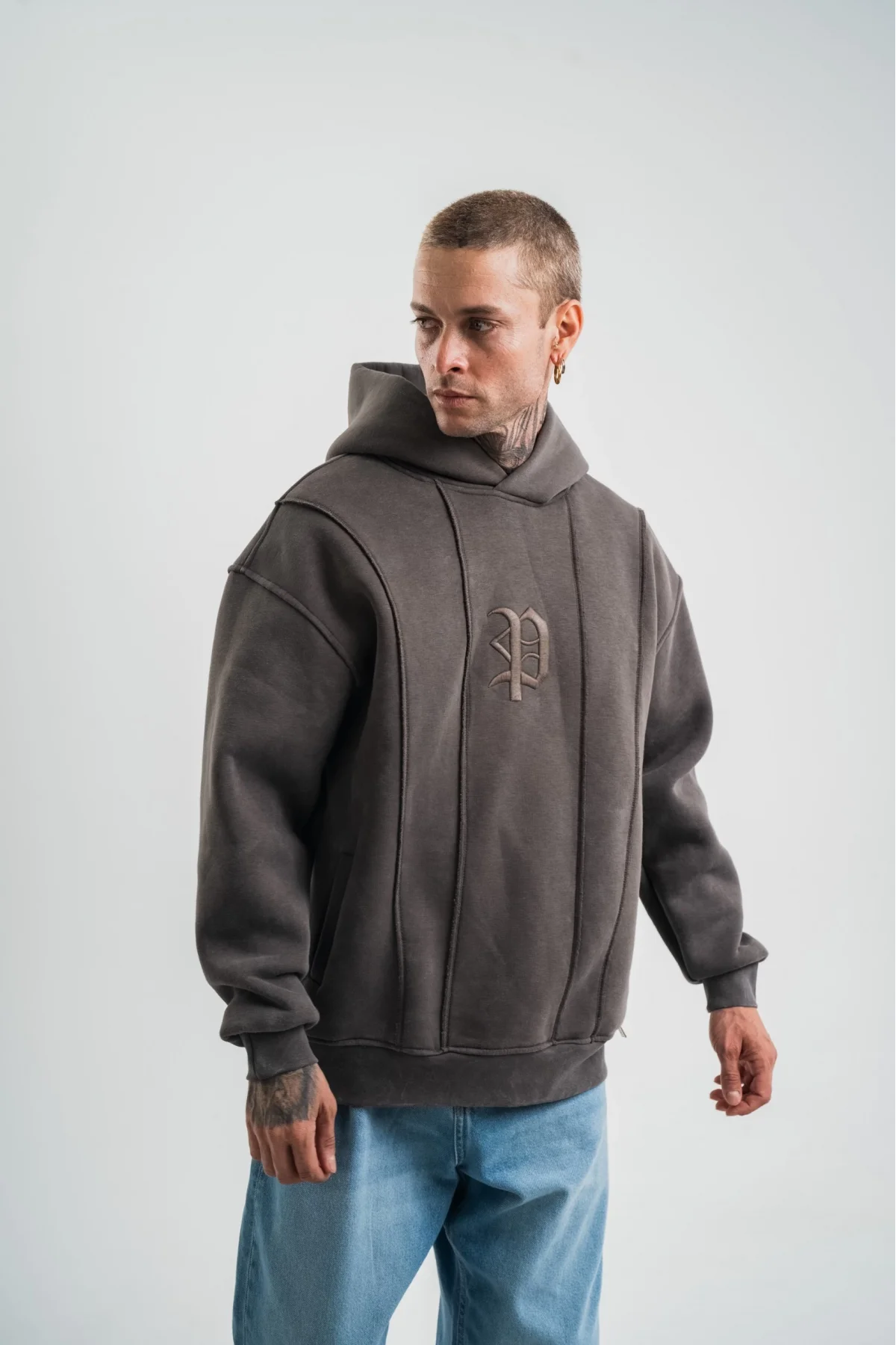 Unisex Uzun Kol Kapşonlu Yıkamalı Nakışlı SweatShirt - Füme