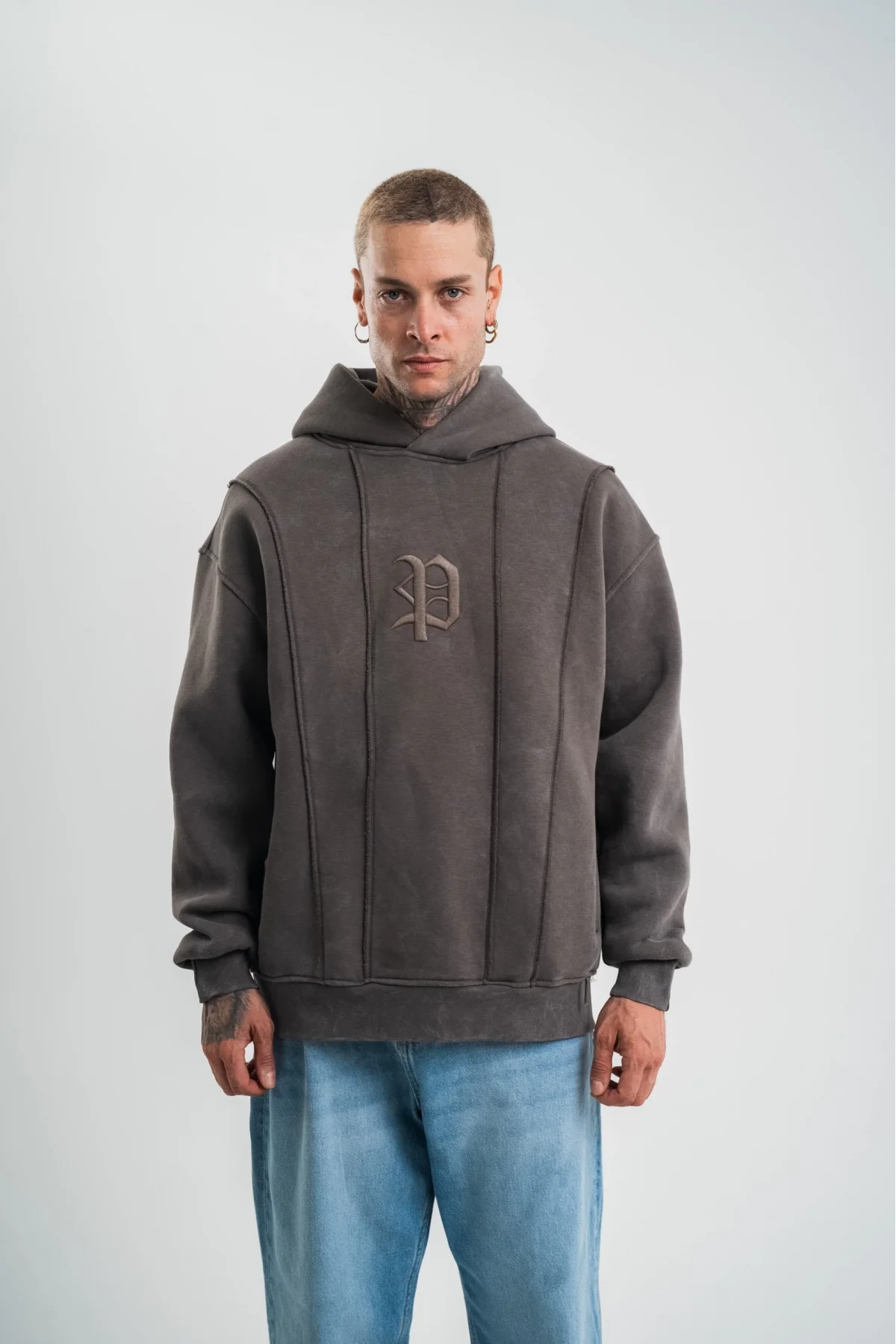 Unisex Uzun Kol Kapşonlu Yıkamalı Nakışlı SweatShirt - Füme