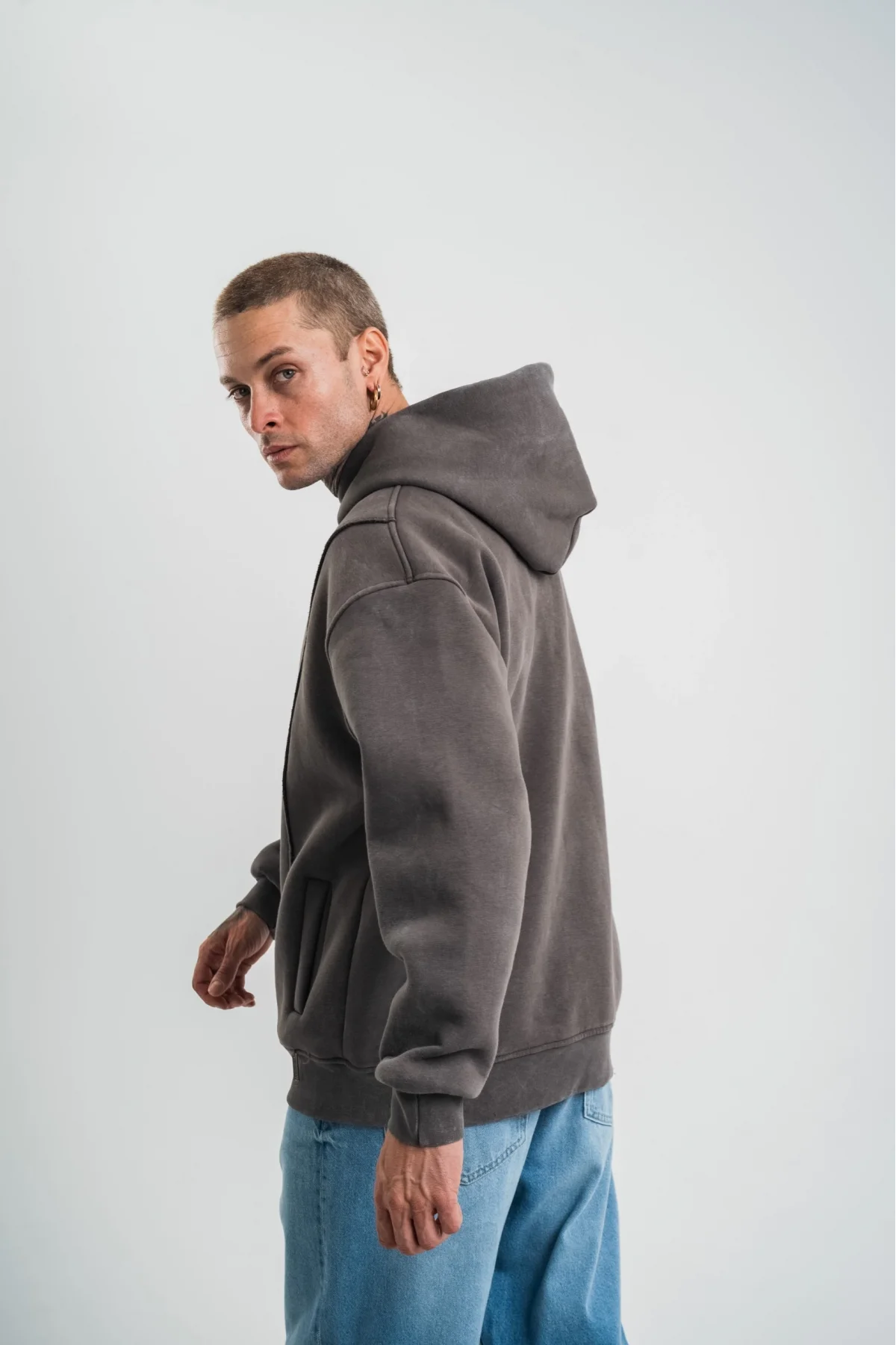 Unisex Uzun Kol Kapşonlu Yıkamalı Nakışlı SweatShirt - Füme