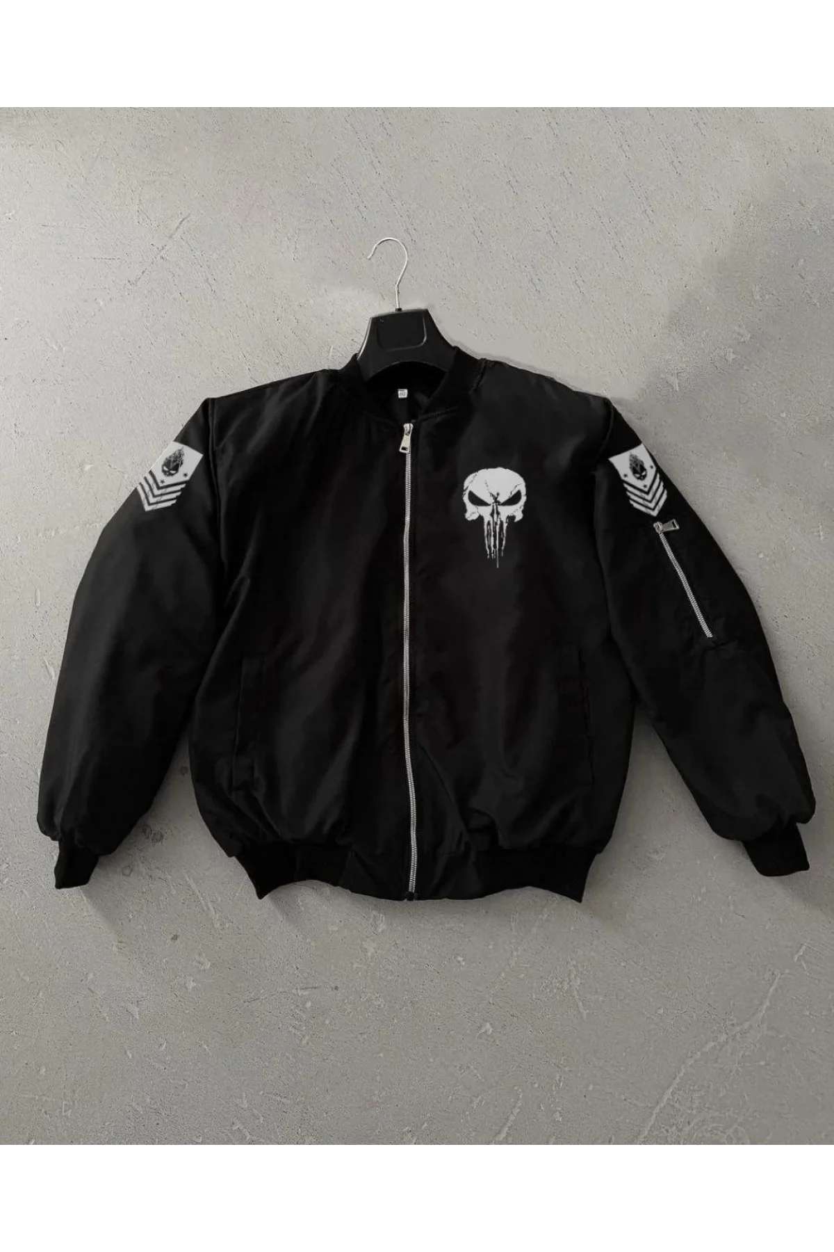 Siyah Askeri Tarz Bomber Mont – Unisex, Punisher Skull Detaylı, Fermuarlı, Cepli, Uzun Kollu, Bahar ve Kış Günlük Moda İçin Uygun - Siyah