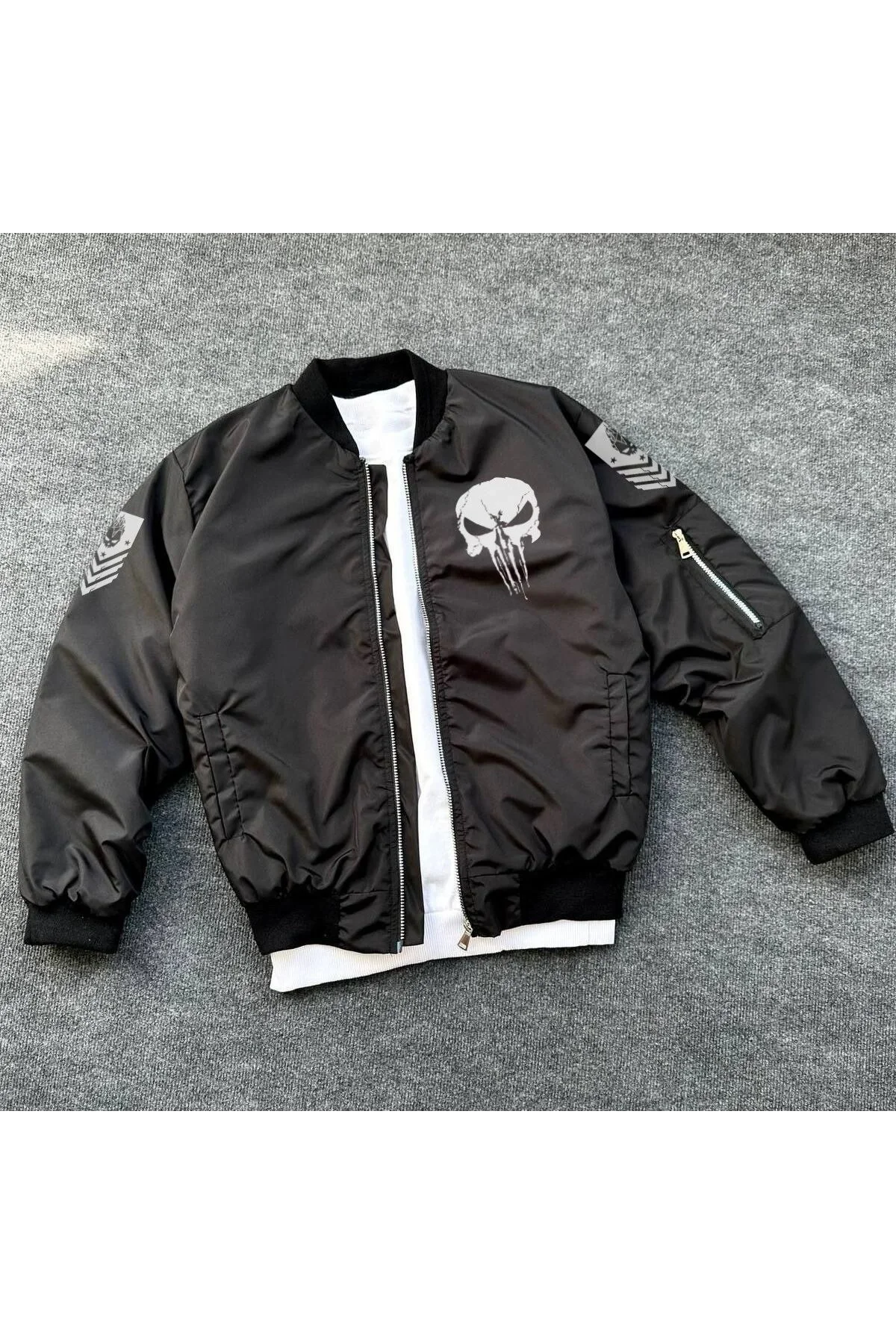 Siyah Askeri Tarz Bomber Mont – Unisex, Punisher Skull Detaylı, Fermuarlı, Cepli, Uzun Kollu, Bahar ve Kış Günlük Moda İçin Uygun - Siyah
