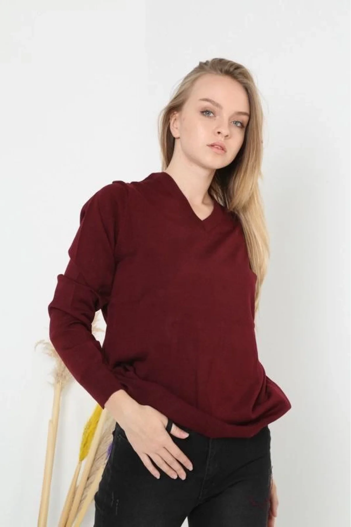 Kadın V Yaka Kazak Uzun Kol Düz Dokuma Triko - Bordo
