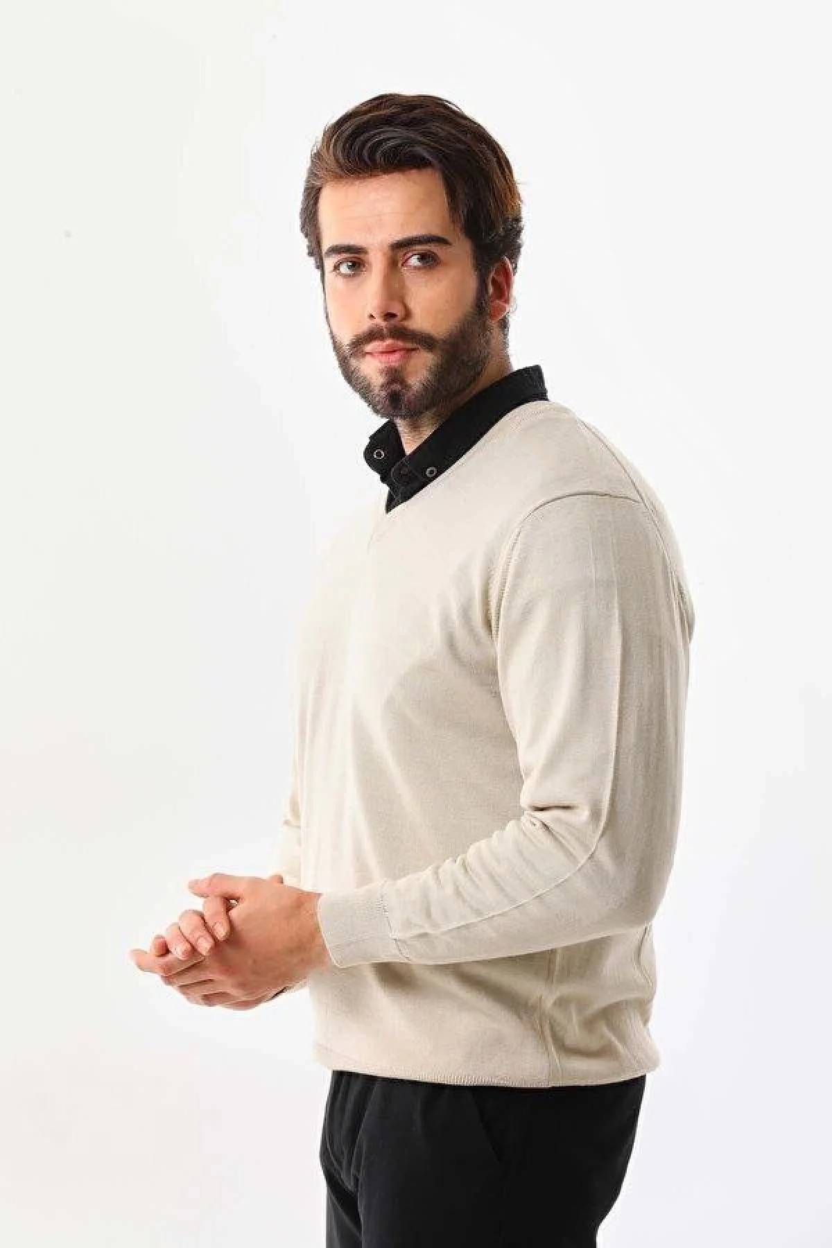 Erkek V Yaka Kazak Uzun Kol Düz Dokuma Triko - Krem