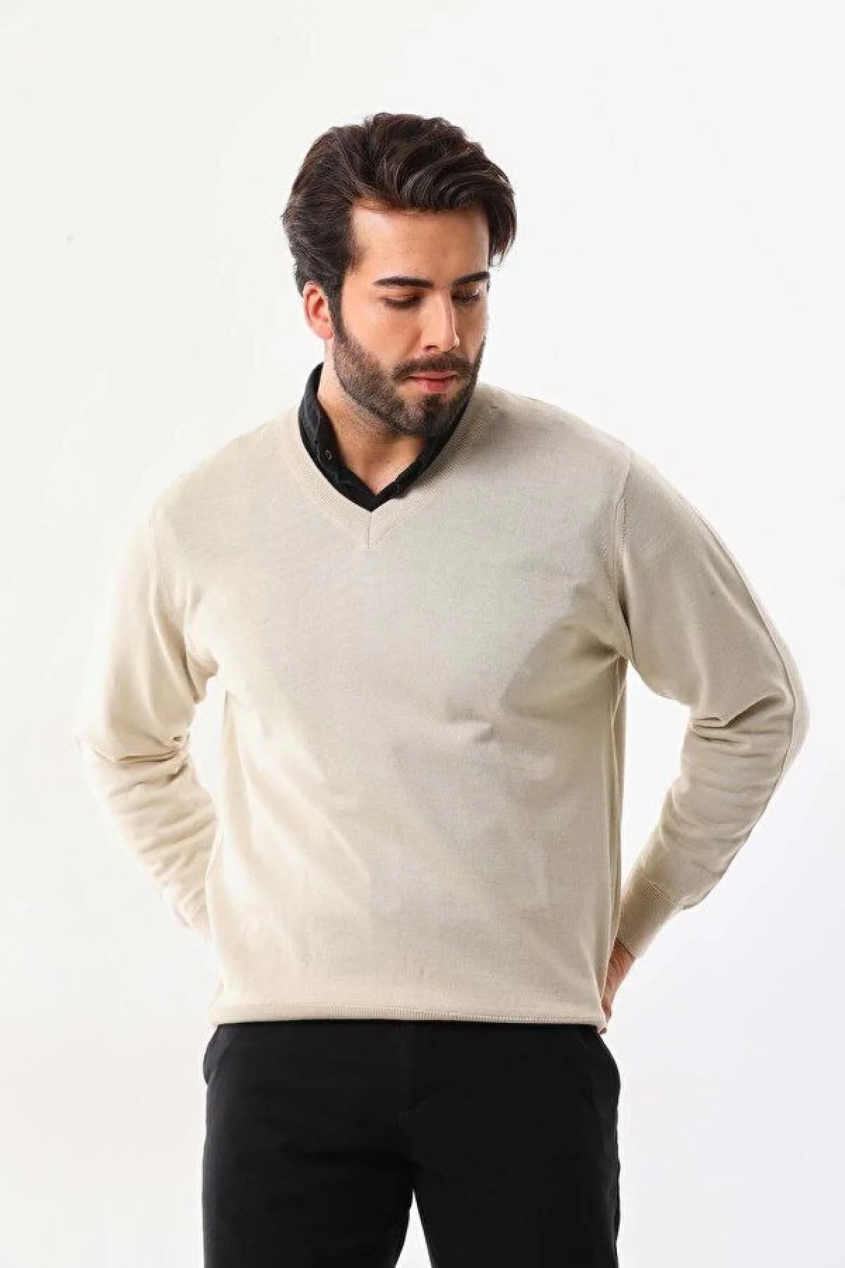 Erkek V Yaka Kazak Uzun Kol Düz Dokuma Triko - Krem