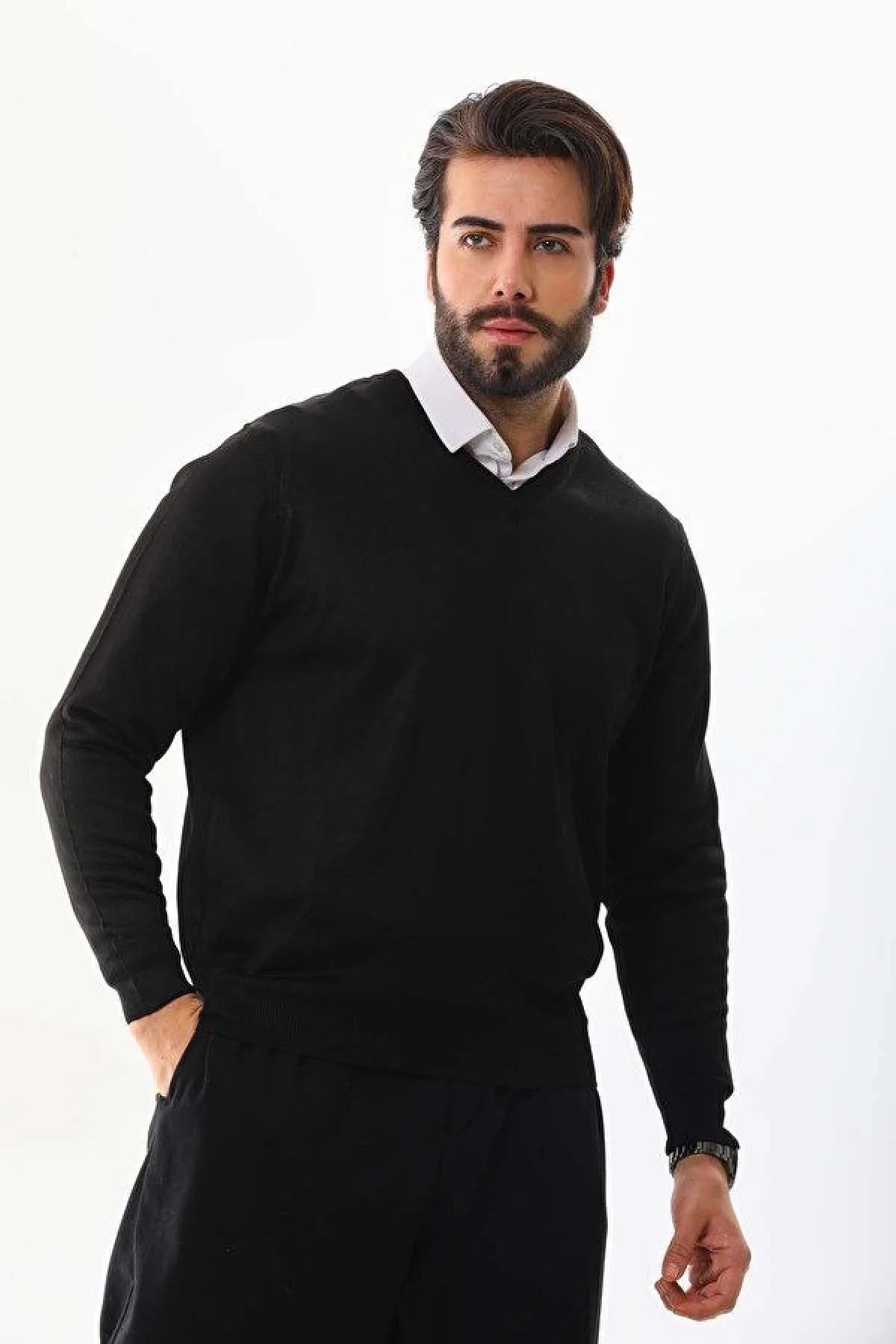 Erkek V Yaka Kazak Uzun Kol Düz Dokuma Triko - Siyah