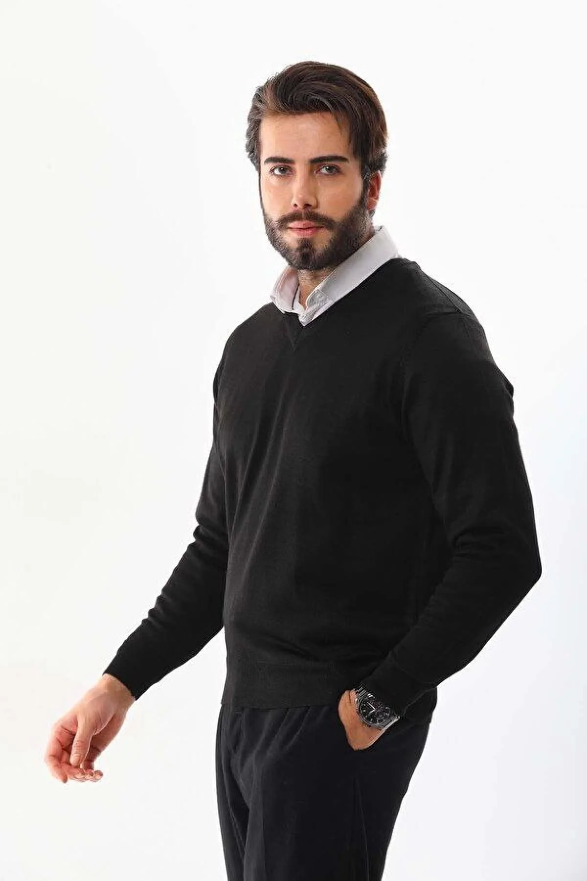 Erkek V Yaka Kazak Uzun Kol Düz Dokuma Triko - Siyah