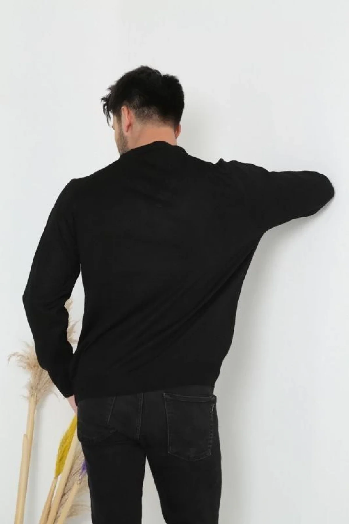 Erkek V Yaka Kazak Uzun Kol Düz Dokuma Triko - Siyah