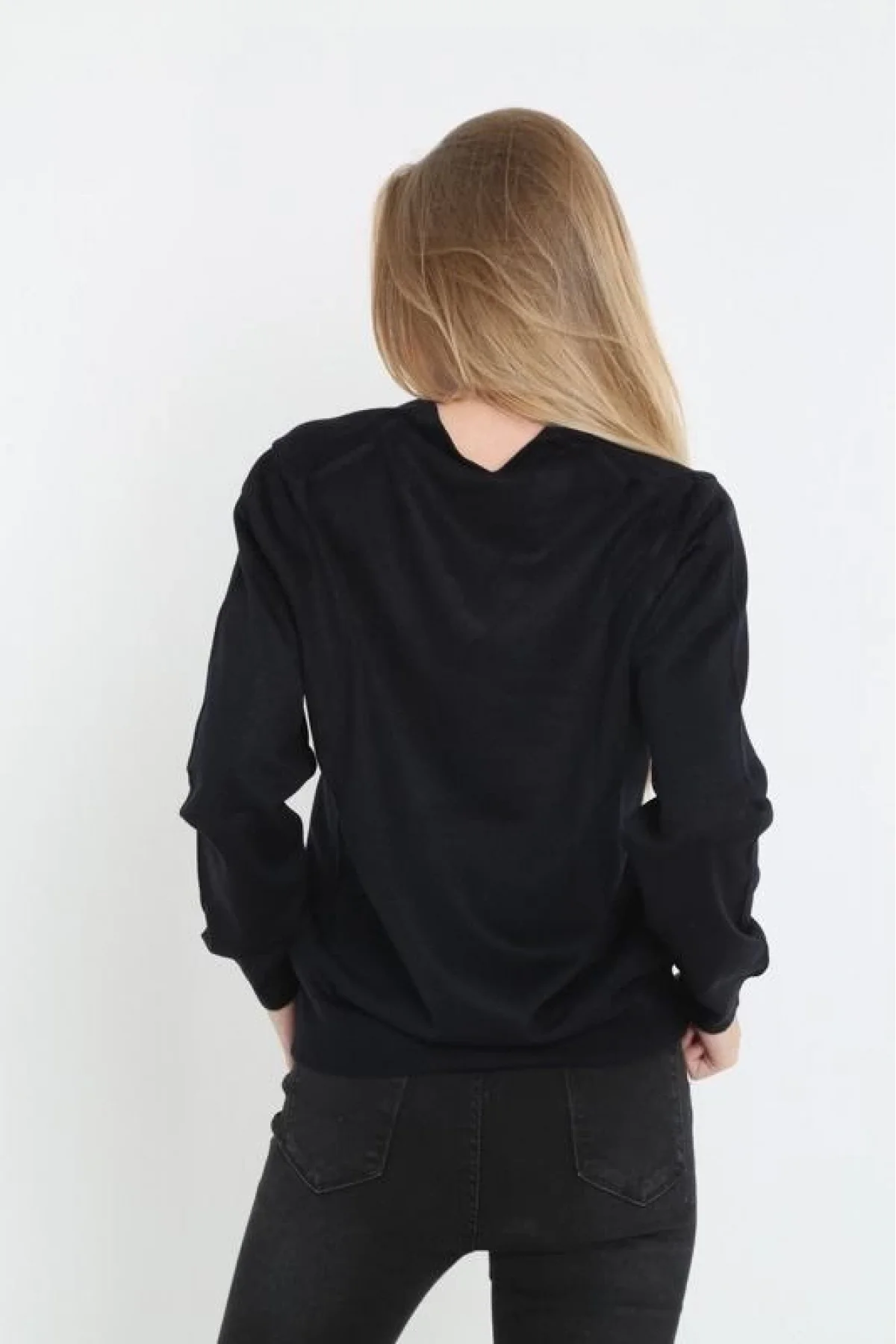 Kadın V Yaka Kazak Uzun Kol Düz Dokuma Triko - Siyah