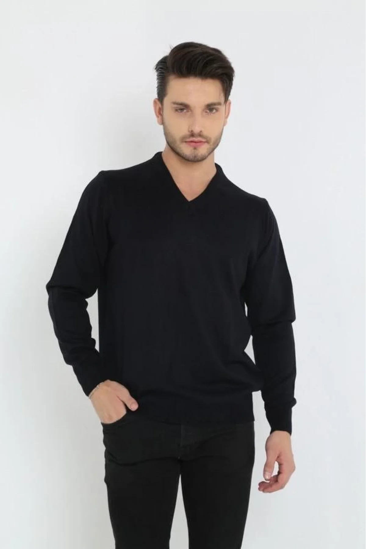 Erkek V Yaka Kazak Uzun Kol Düz Dokuma Triko - Siyah