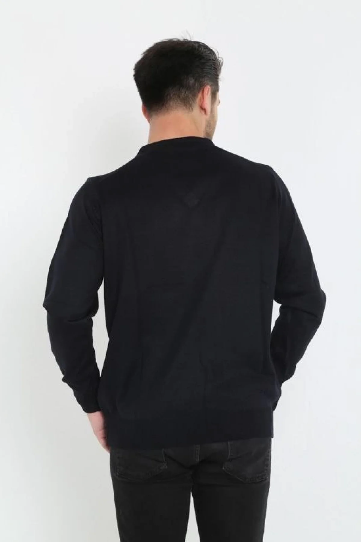 Erkek V Yaka Kazak Uzun Kol Düz Dokuma Triko - Siyah